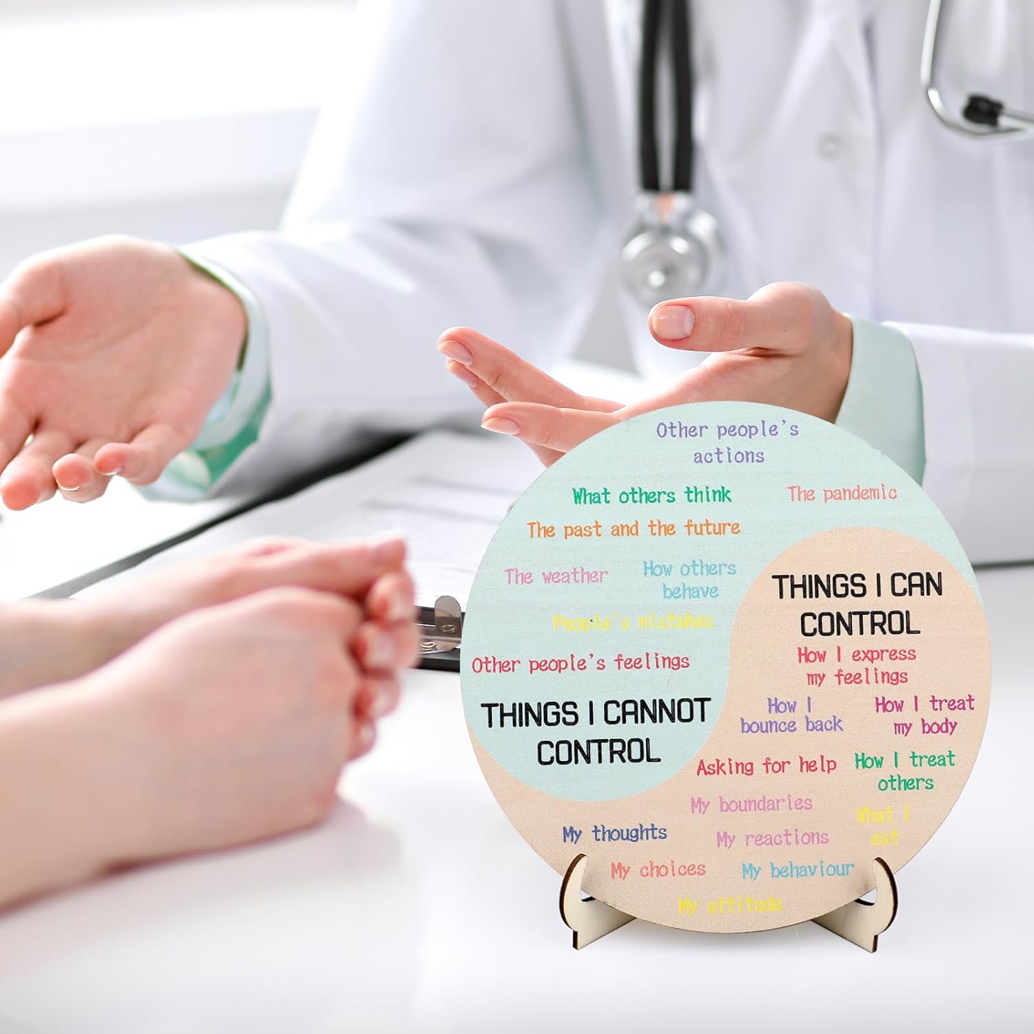 Feelings Wheel Therapy Office Desk Decor 5.9 Inch Double-Sided Wood Mental Health Emotions Chart with Stand,Emotion Wheel Chart for Counselor Therapy Psychologist Office Home School - Image 5