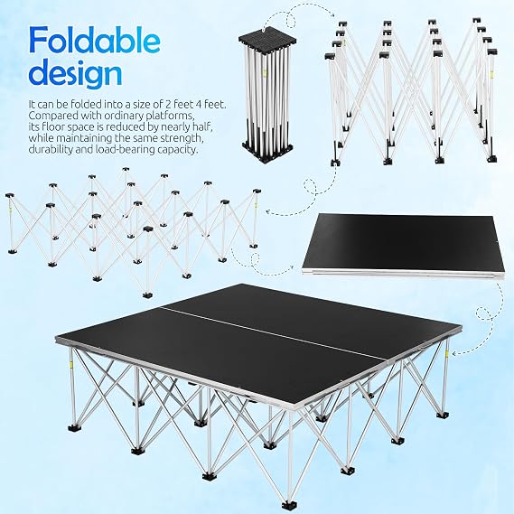 4' x 4' Foldable Stage, Portable Stage Platform with16 Folding Riser Legs