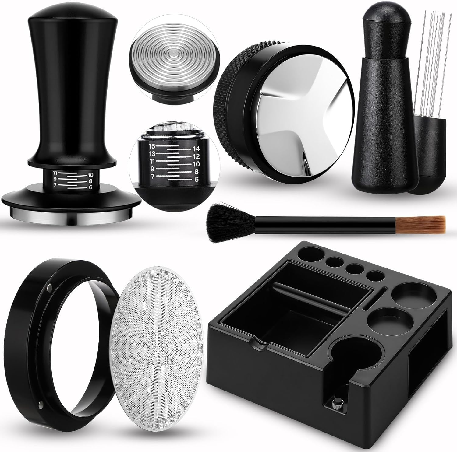 7Pcs 51mm Espresso Accessories Kit Espresso Tamping Station Spring Loaded Calibrated Tamper WDT Tool and Dosing Funnel Set Coffee Distributor and Tamper Leveler Fits 51mm Machines