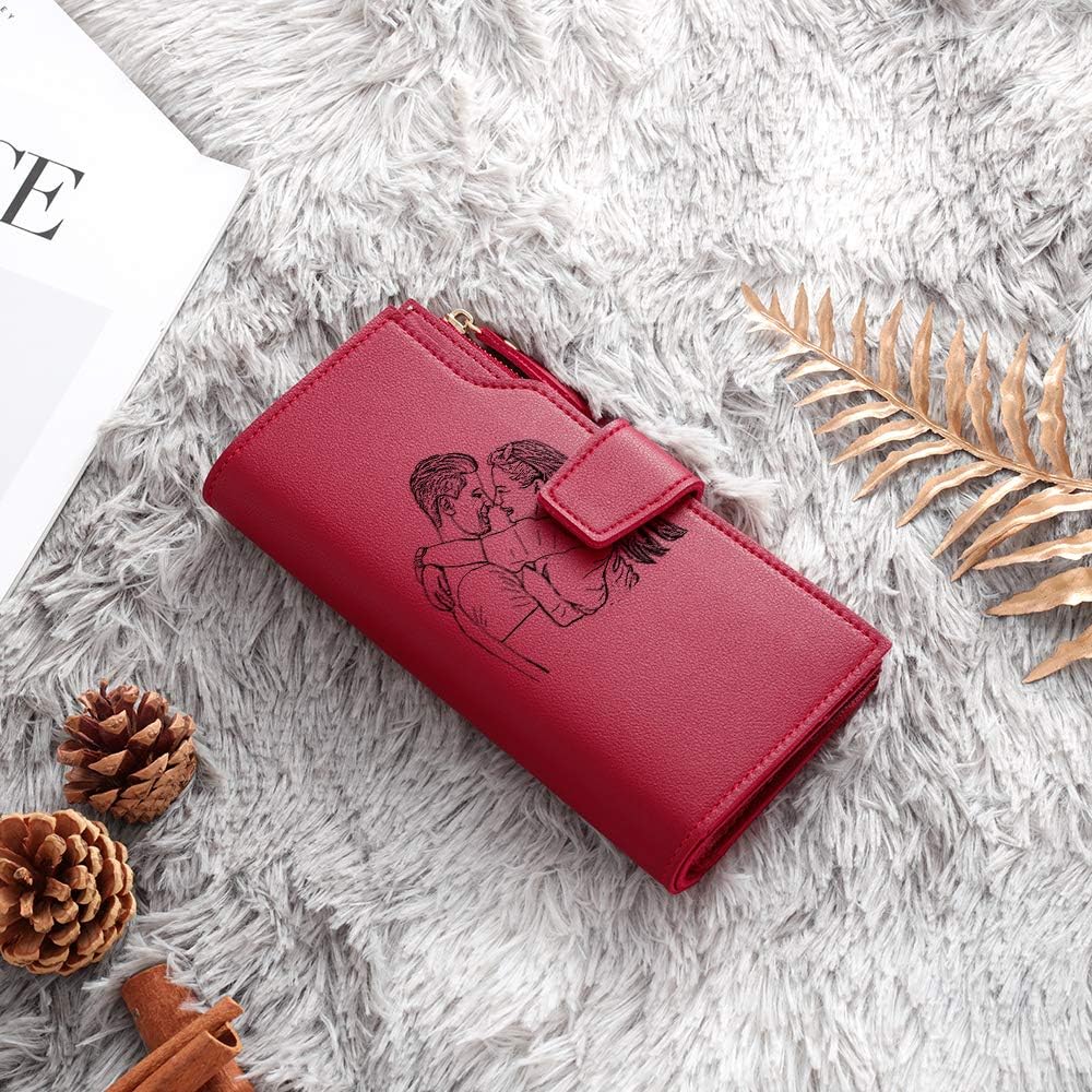 Nobelook Custom Engraved Leather Long Wallets for Men Women Personalized Photo Message Bifold Wallet ID Window Credit Card Holder (Red-Button)