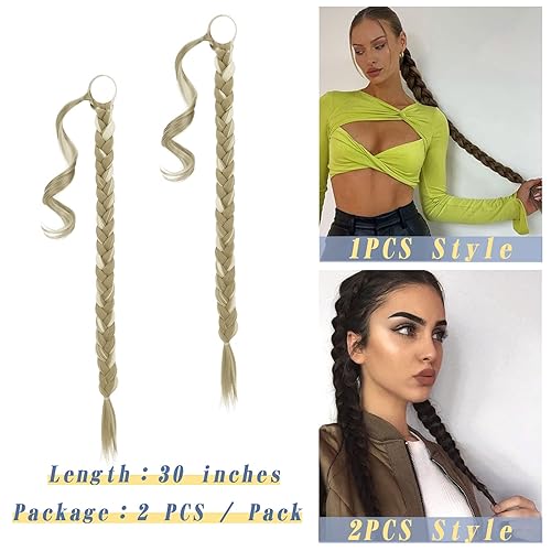 Miniatura 75 de BARSDAR 30 Inch Long Braided Ponytail Extension with Hair Tie - Straight Sleek Wrap Around Brown Braided Ponytail Hair Extensions - Synthetic Pony