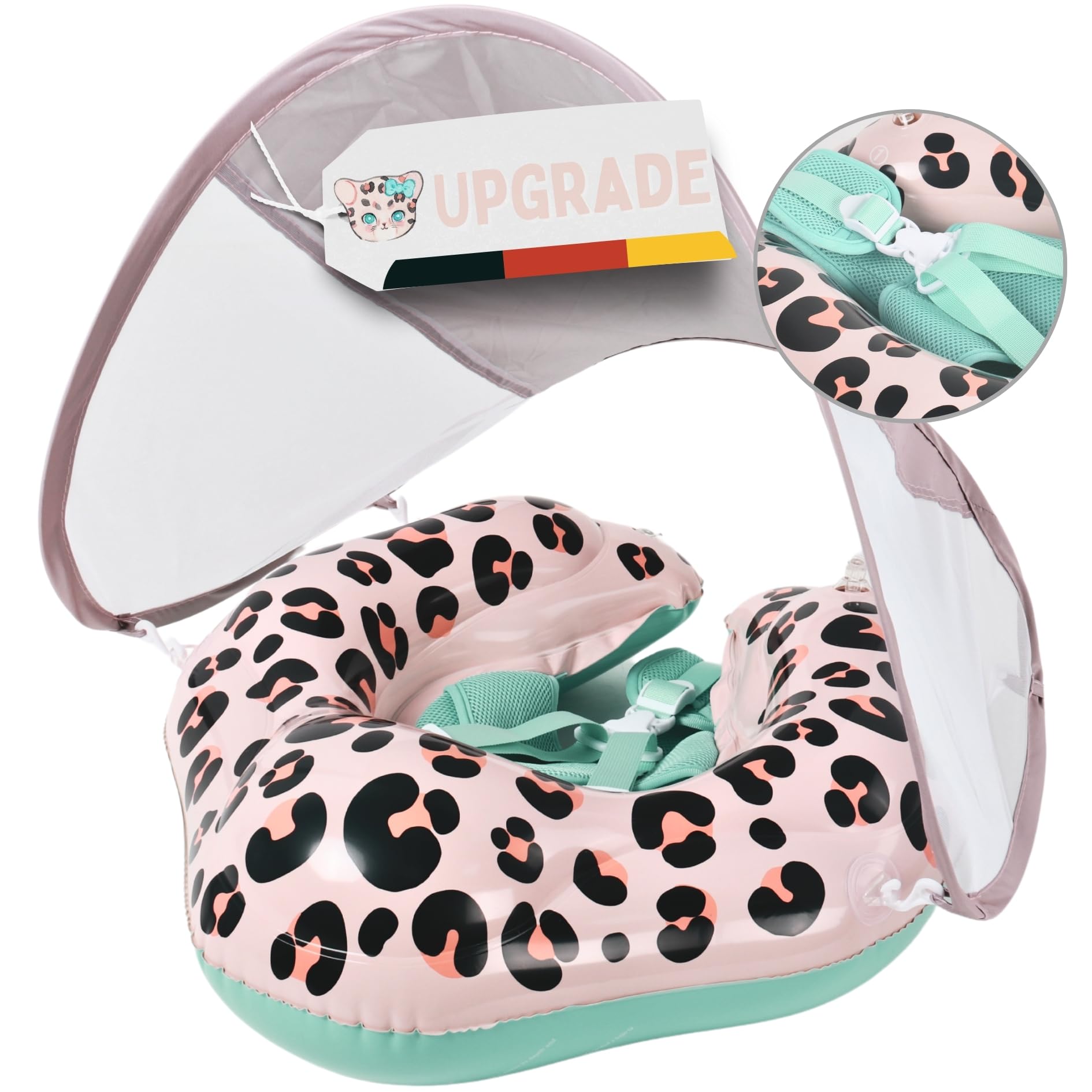 EDWEKIN® Einzigartiger Baby Schwimmring mit Leo Optik | Innovative Baby Schwimmhilfe mit Sonnenschutzdach UPF50+ | Kinder Schwimmreifen | Baby Float für 6 Monate bis 3 Jahre