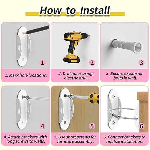 Miniatura 7 de Anclajes para muebles, paquete de 10 anclajes antipunta para muebles a prueba de bebés, correas de anclaje de pared de metal extra fuertes con cable