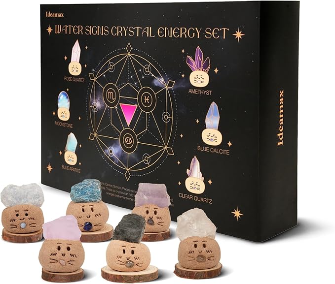 Healing Crystal Set, Cancer Scorpio Pisces Crystal Gift for Water Signs - 6 Zodiac Crystal Set with Handmade Cute Clay Bases and Zodica Set