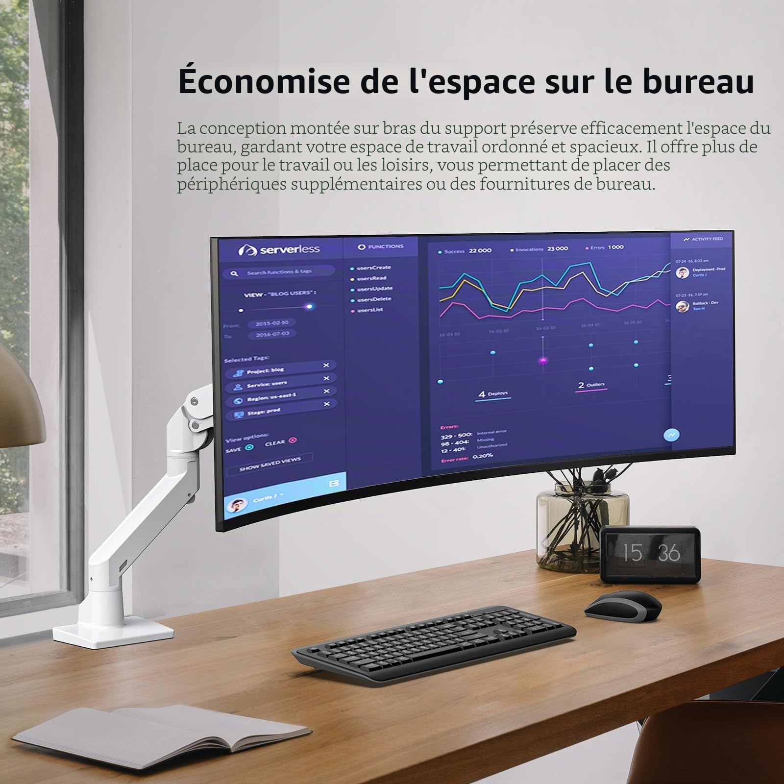 BEWISER Bras de Moniteur Ultra Large pour écrans de 86,4 à 124,5 cm et Nouveaux écrans de 144,8 cm, capacité de Charge jusqu'à 20 kg, Bras de Moniteur réglable pivotant en Hauteur (Blanc)