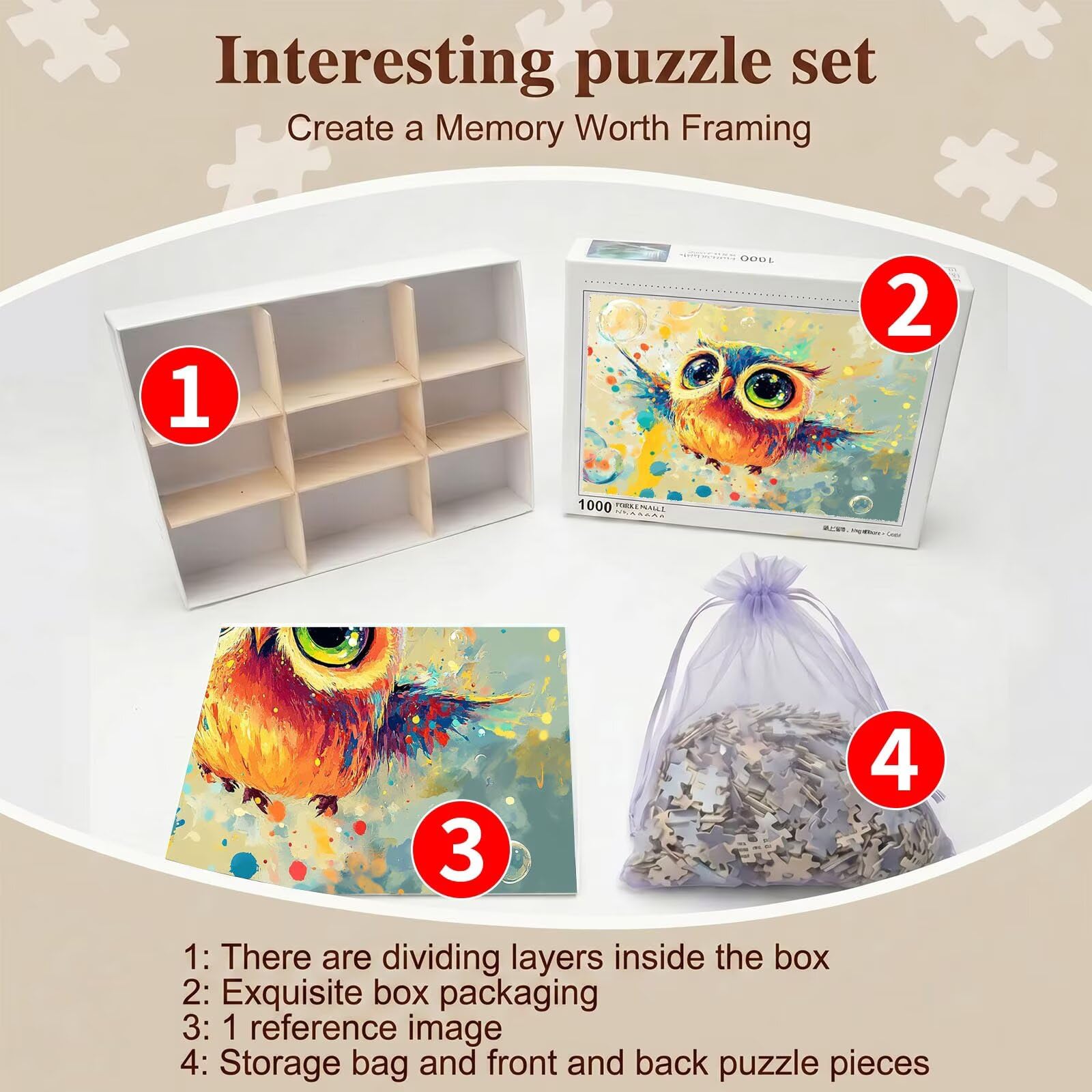 Carino gufo Puzzle 4000 Pezzi per Adulti, Puzzle in Legno - Collezione Classica con Poster Incluso - Sfida di Concentrazione e Passatempo Antistress, Gioco Educativo per Famiglia, 141 x 87 cm f0-571
