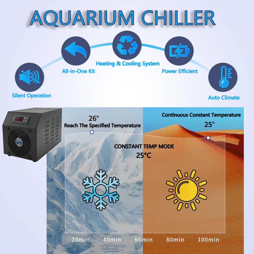 Aquarium-Kühler, 16 Gal/60 L 2 en 1 Hydrokultur-Systeme, Kühlsystem mit Leisen Lüftern, Schnelles Heizen/Kühlen für Fische, Garnelen Korallen mit Pumpe Rohr 2in1AquariumHeaters/Chiller