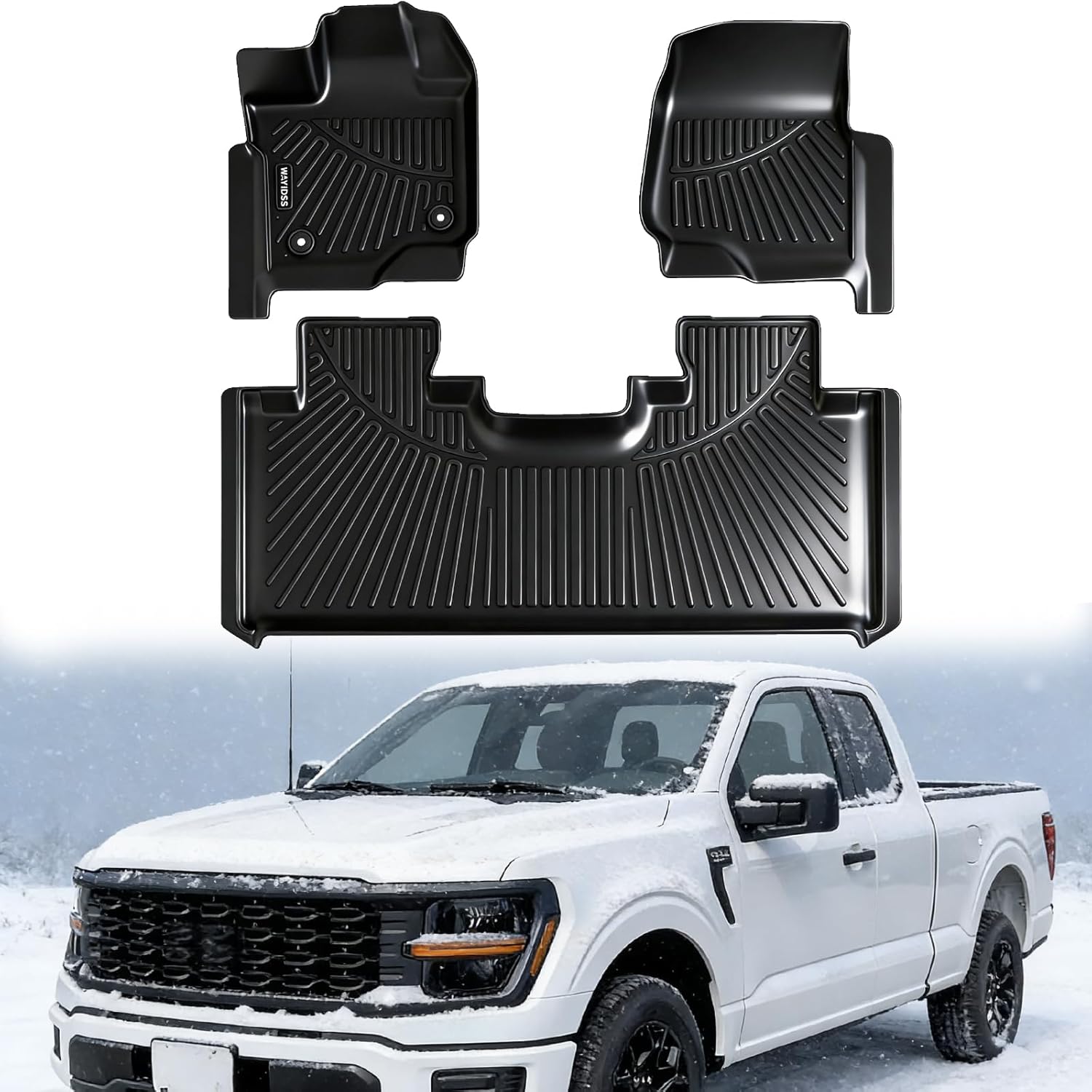Floor Mats for 2015-2025 2026 Ford F-150 Super Cab&Extended Cab (Not for SuperCrew Cab) TPE All Weather Protection F150 Front & 2nd Row Trunk Floor Liners Accessories 3pcs Black Automotive Liner