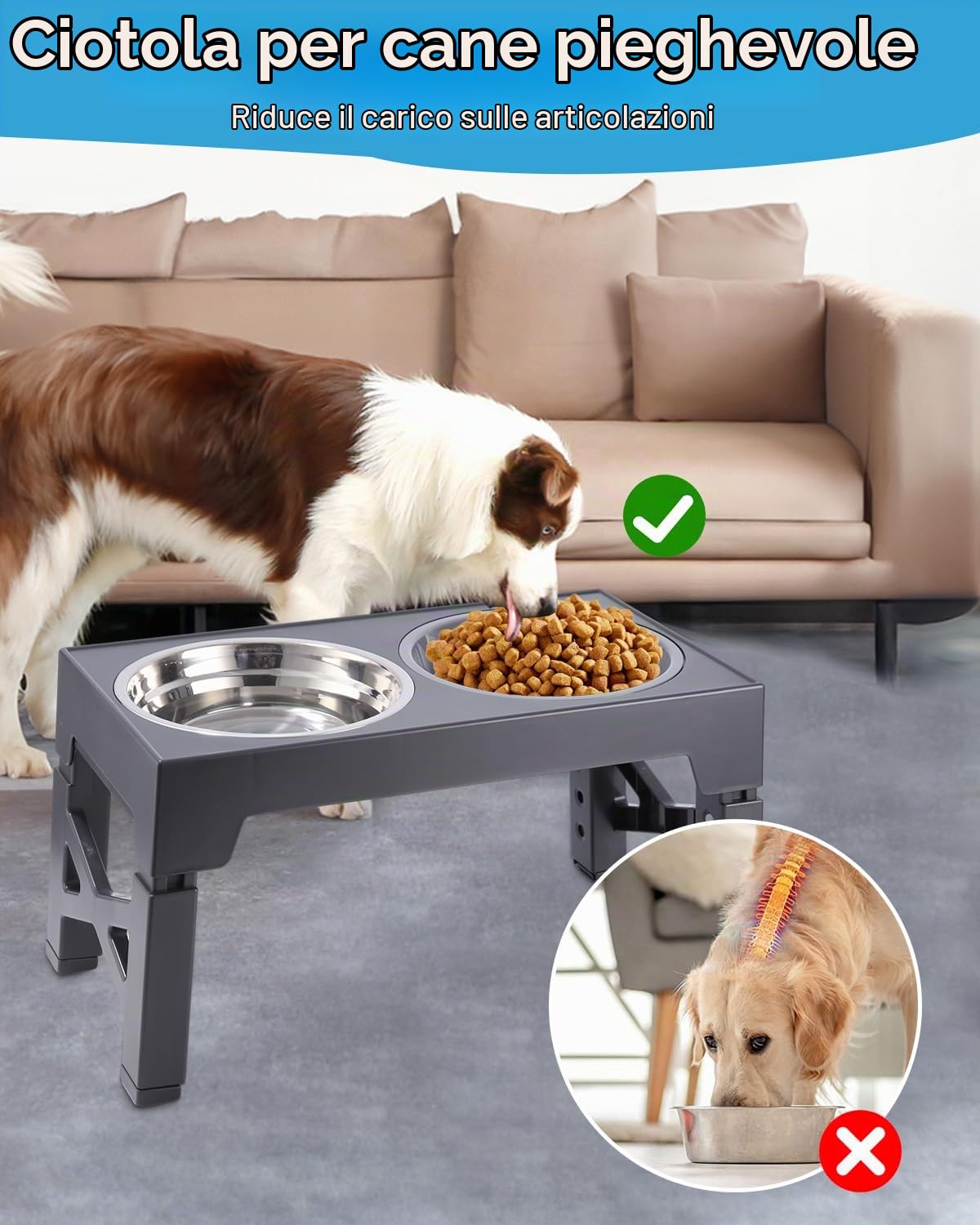 Ciotole Rialzate per Cani Regolabili in Altezza con 5 Livelli - Ciotola in Acciaio e per Alimentazione - per Cani Medio Grande, Grigio