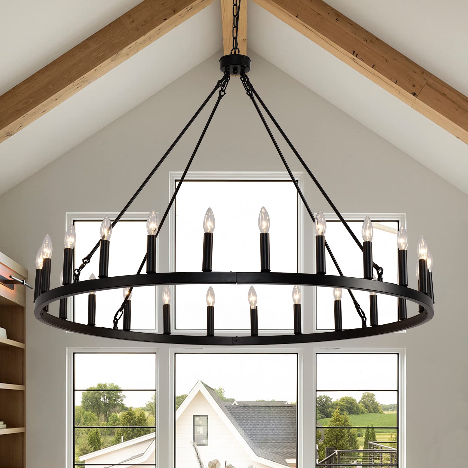 SYAXVOM Farmhouse 48in Wagon Wheel Chandelier - 24-Light Adjustable Black Rustic Fixture for Entryway, Living Room, Dining and Decor