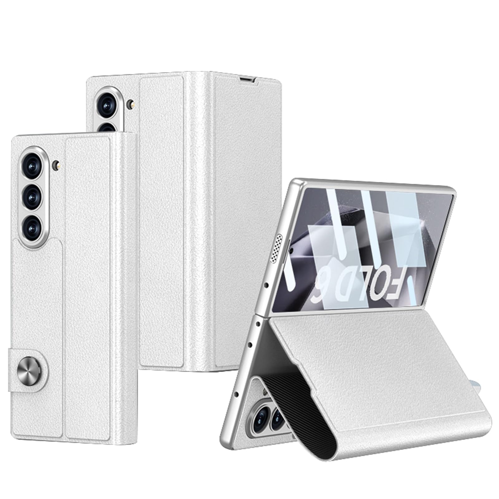 Skórzane etui do Samsung Galaxy Z Fold 6, z osłoną ekranu z klapką i funkcją stojaka, etui folio na całą obudowę, odporne na zarysowania, srebrne