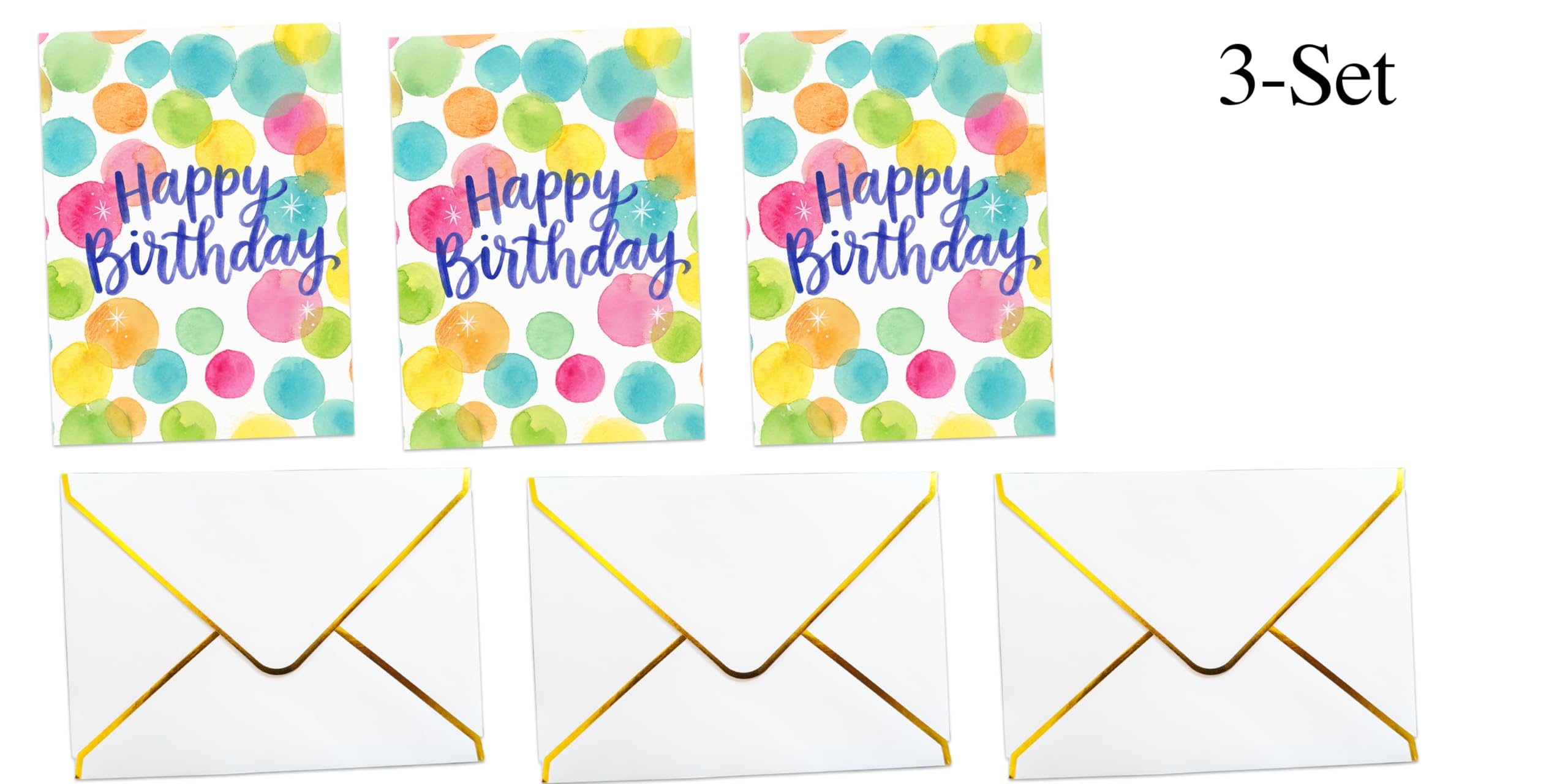 Set di 3 biglietti di compleanno premium - Design semplici e colorati con buste bianche dorate