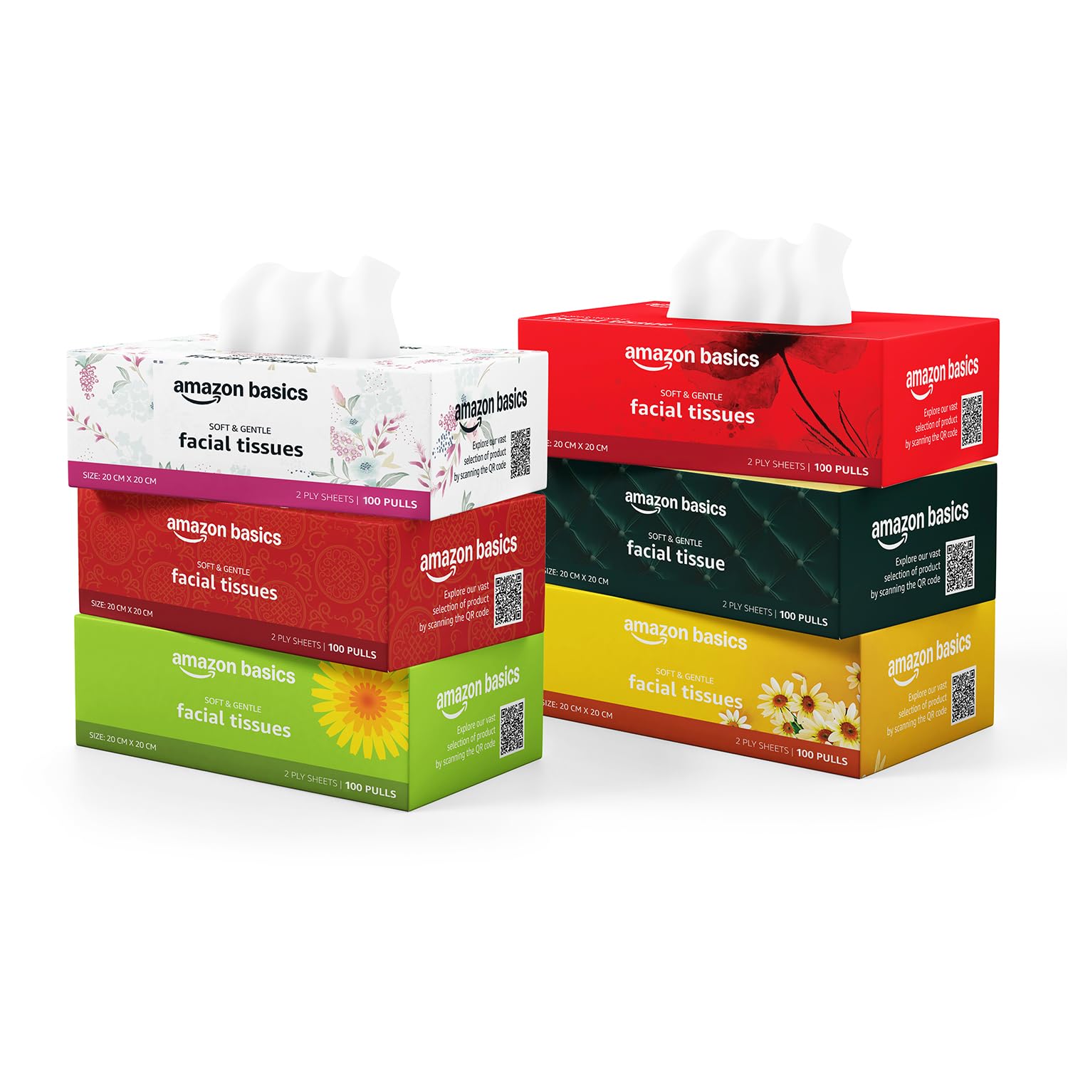 Amazon Basics 2 Ply Facial Tissue Box | 600 Pulls | 100 Pulls X Pack of 6 | Home | Soft & Highly Absorbent Tissues
