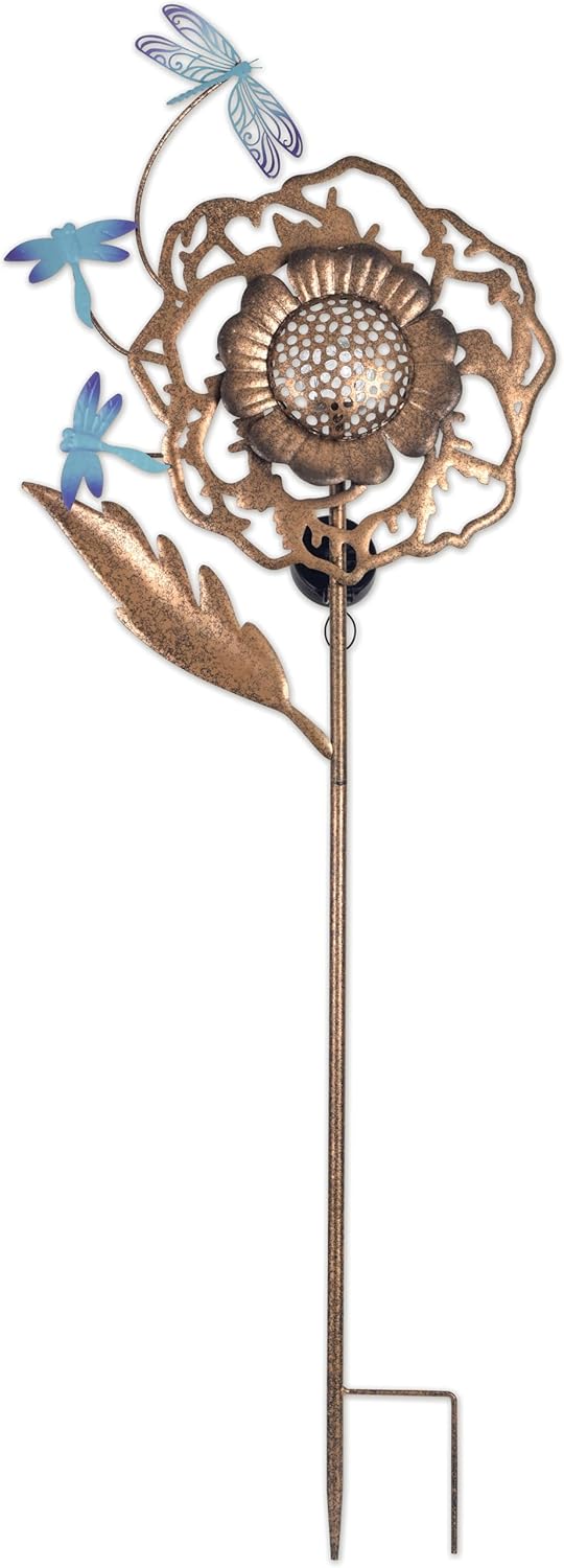 Sunset Vista Designs Solar Garden Stake - Antiqued Metal Dragonfly Rose Lighted Yard Décor, 48" Tall, Dragonflies & Flower