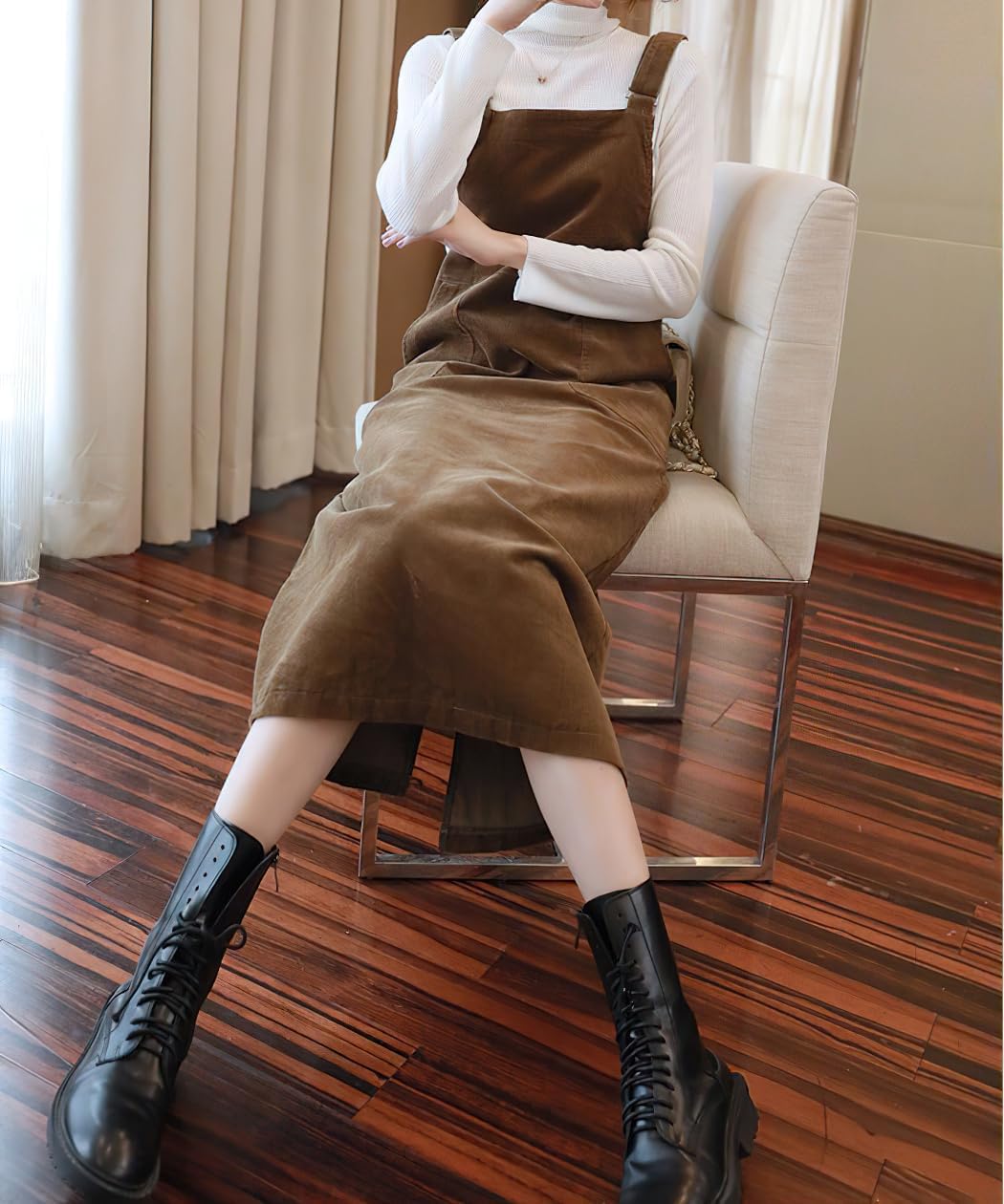 chouyatou Womens Cute Corduroy Adjustable Strap Overall Dress fringe Pinafore Baggy Maxi Long Tank Dress - Image 2