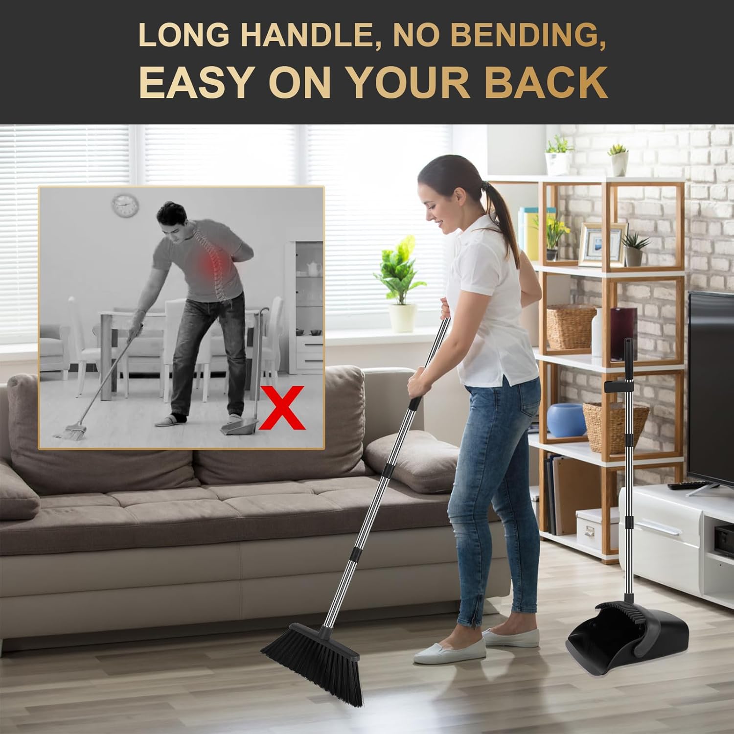 Upgraded Broom and Dustpan Set, 55" Long Handle Black Large Broom with Dustpan Combo Set，Self Cleaning Dustpan for Lobby Kitchen Office Restaurant - Image 6