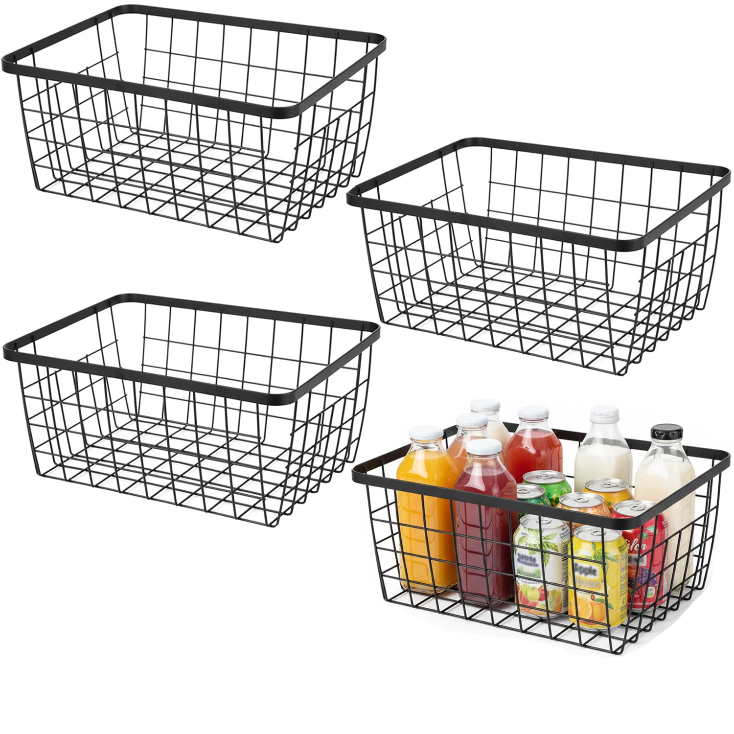 Aeggplant Kitchen Metal Wire Baskets with Handles Food Storage Organizer, Household Refrigerator for Cabinets,Pantry,Bathroom,Black,4 Pack