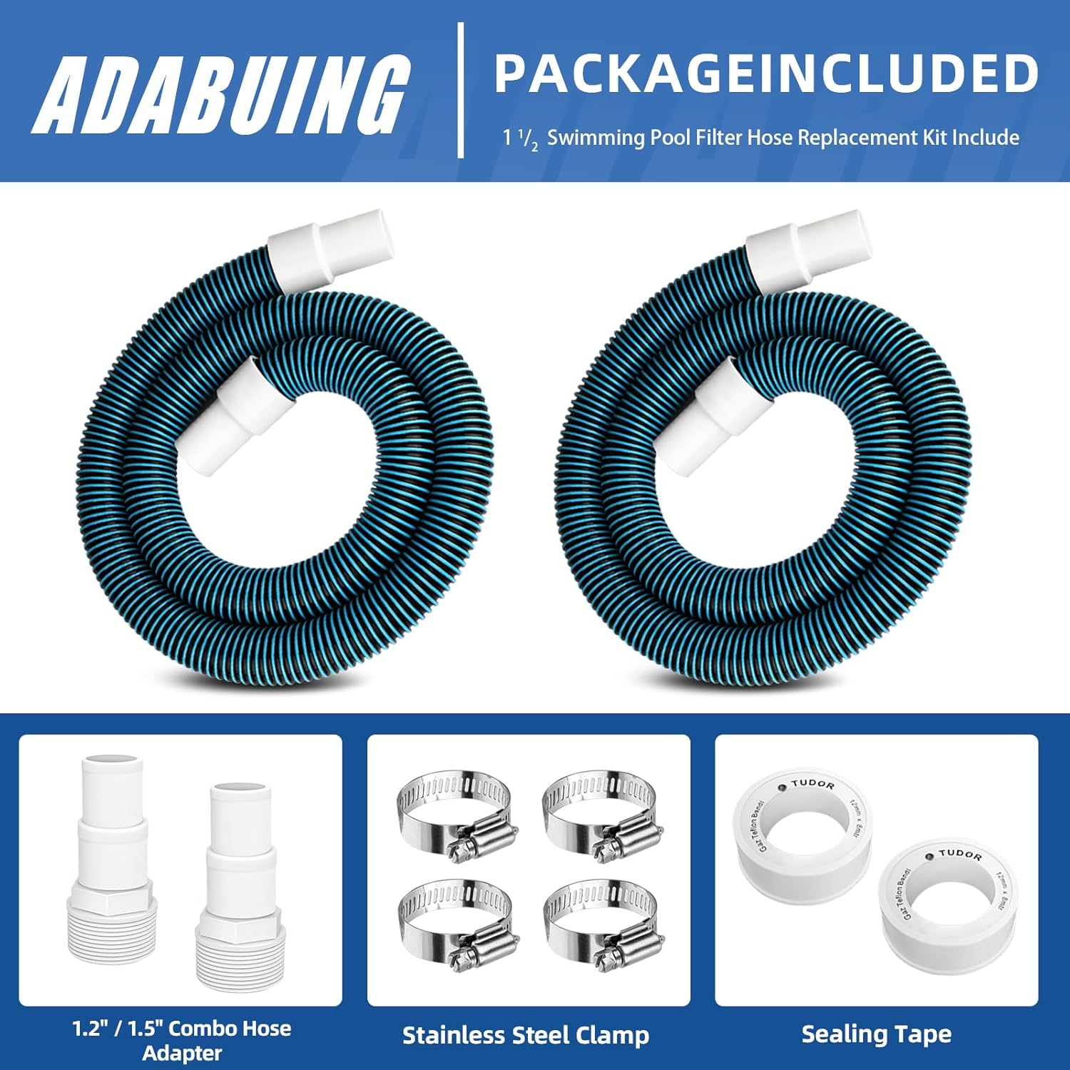 1.5" 6ft Swimming Pool Filter Pump Hose Replacement Kit, fit for Above Ground Swimming Pool Vacuum Skimmer 1 1/2" Filter Hose and for 1.25/1.5" Adapter Fittings -2 Hoses, 2 Adapters, 2 Tapes, 4 Clamps