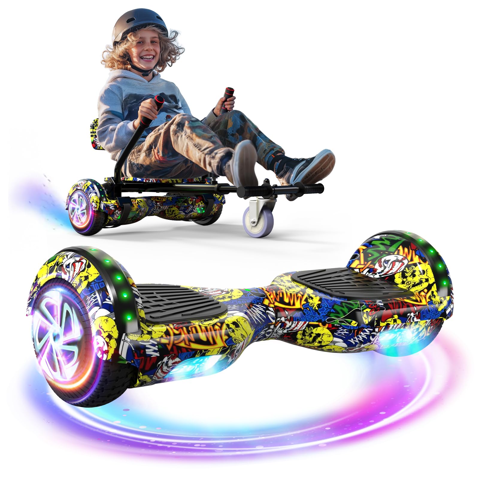 TS TST GRP LLC Trottinette avec siège, trottinette équilibrée 6,5'“ 8,5”' avec haut-parleurs Bluetooth et lumière LED colorée avec kart, Graffiti+Graffiti