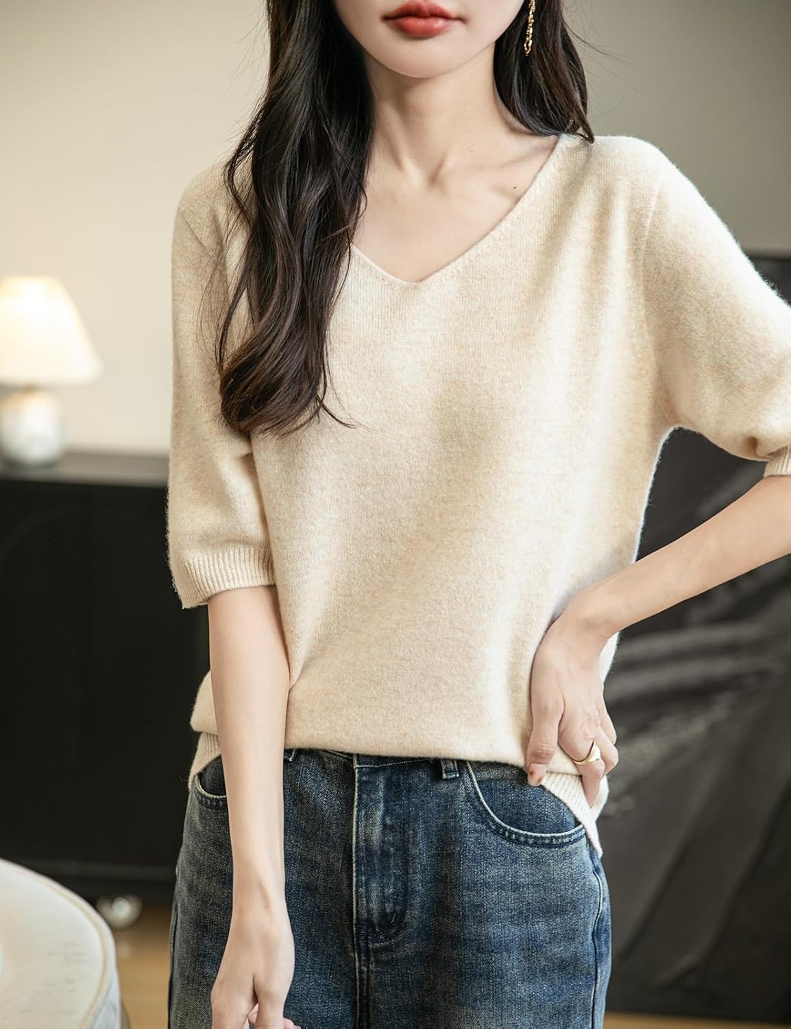 Chanyarn Women's V-Neck 100% Merino Wool Spring Fall Winter First-Line Ready to Wear Seamless Knit Shirt Short Sleeve Sweater - Image 5