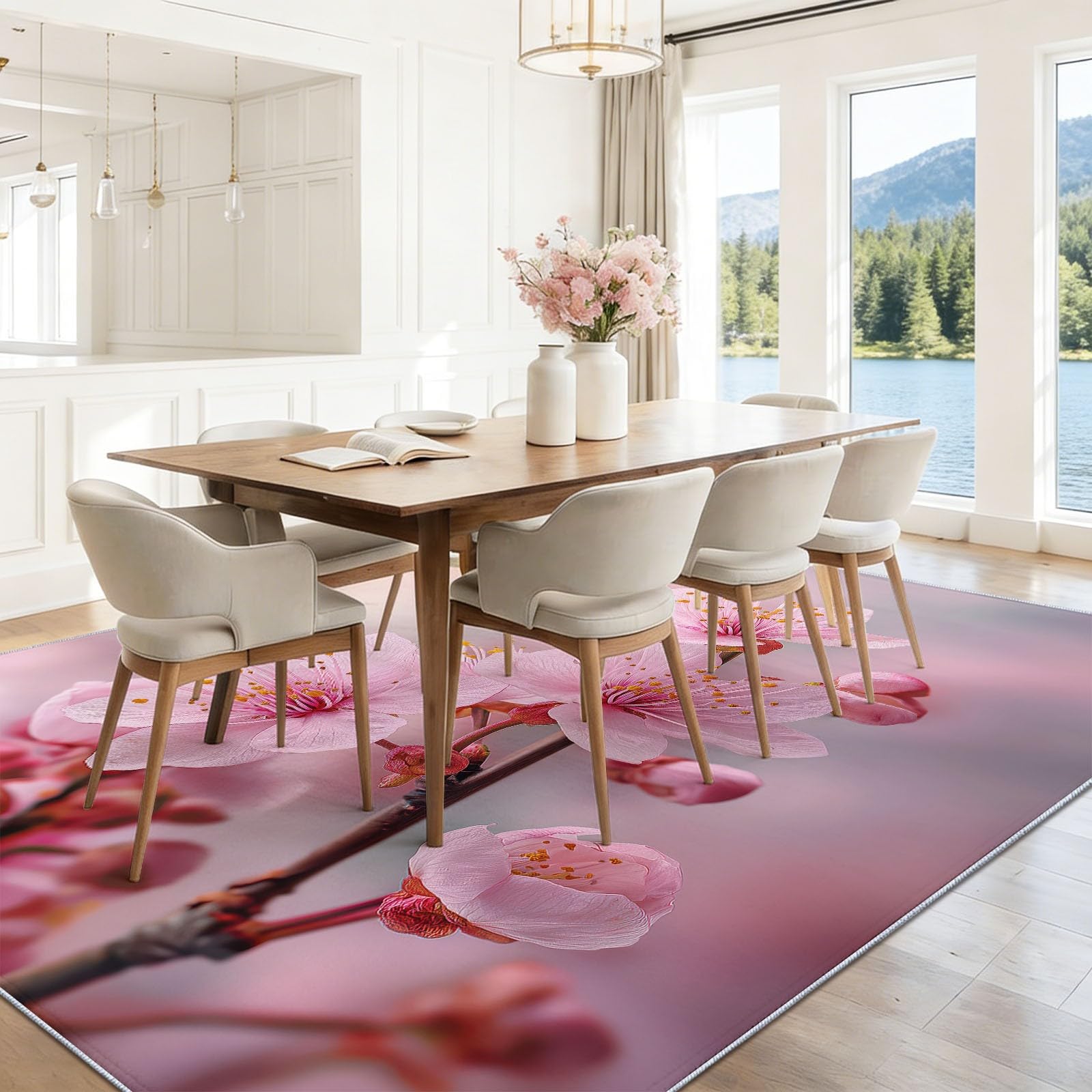 Dywan można prać w pralce, przy wejściu, 160 x 230 cm, akwarelowy styl, gałęzie sakury, dywan antypoślizgowy, różowy biały niski runo, nie gubi włosia, do dekoracji herbaciarni Zen Serenity, wiosenny