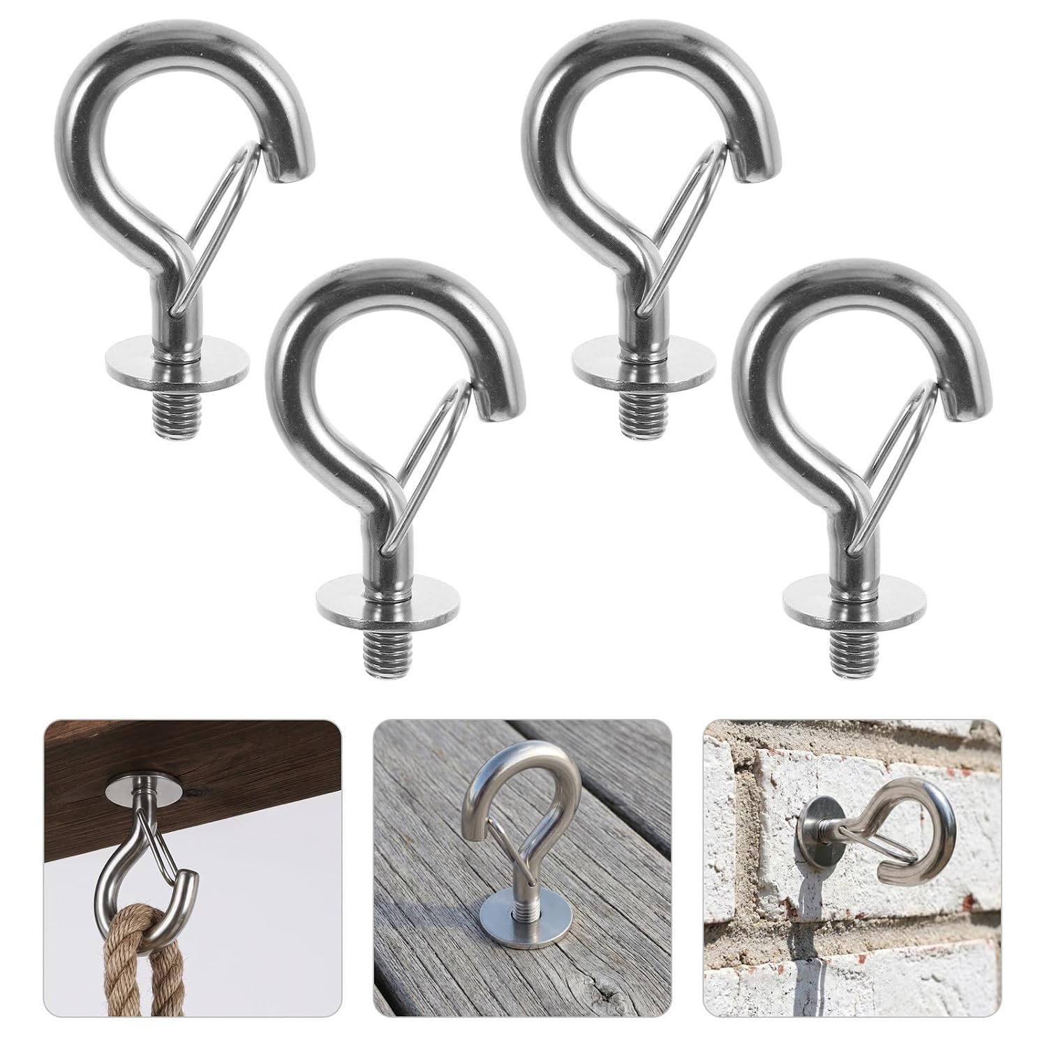 Abaodam 4pcs M8 Stainless Steel Threaded Locking Eye Bolts with Springloaded Snap Hook Mechanism and Secure Automatic Closure for Hanging Rowing Racks and Planters Outdoors on Porches