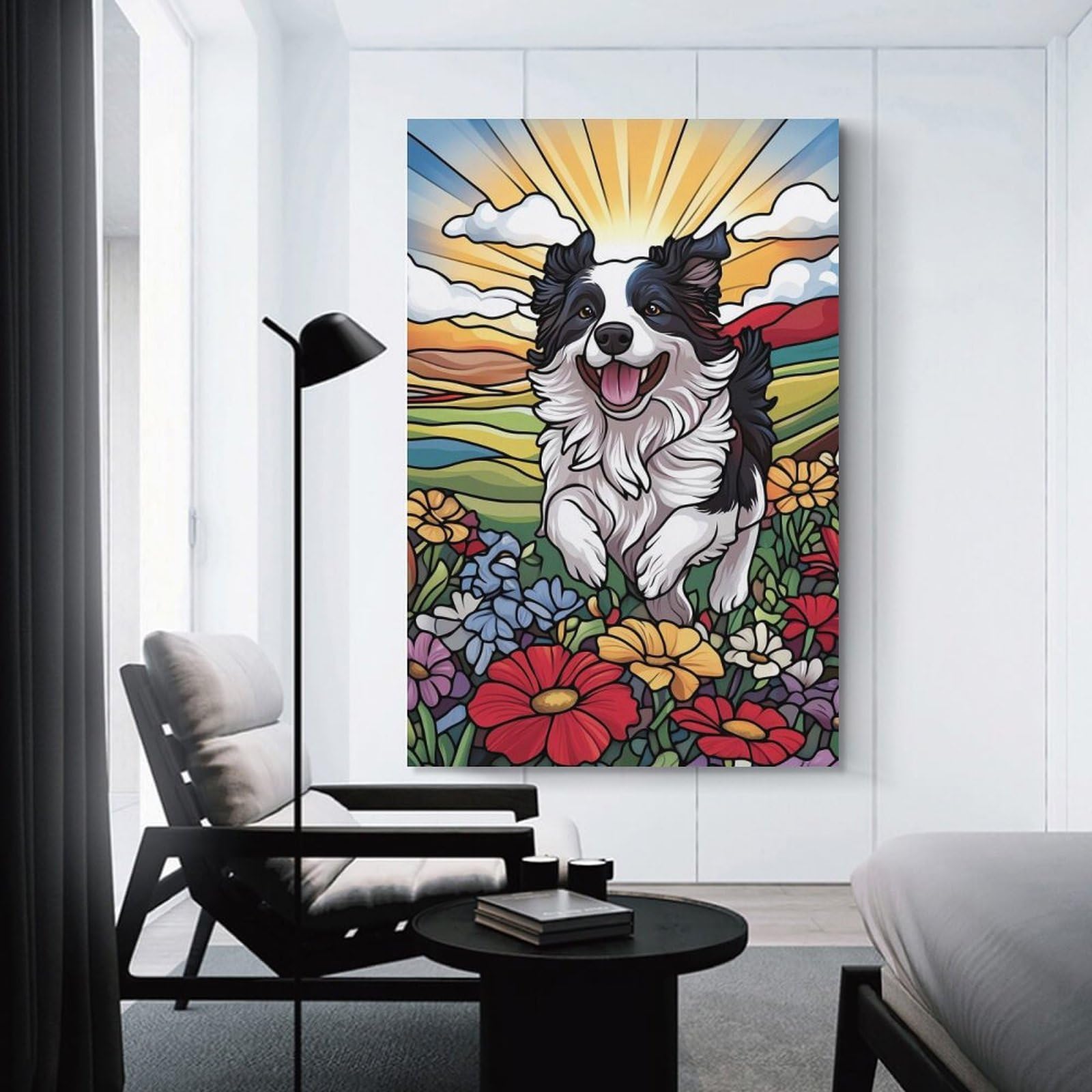 Junmoney Happy Border Collie in Field Room Decor Wall Art, 16x24inch(40x60cm), for Hallway, Lounge Or Guest Room, Gift Idea for Housewarming And Birthdays