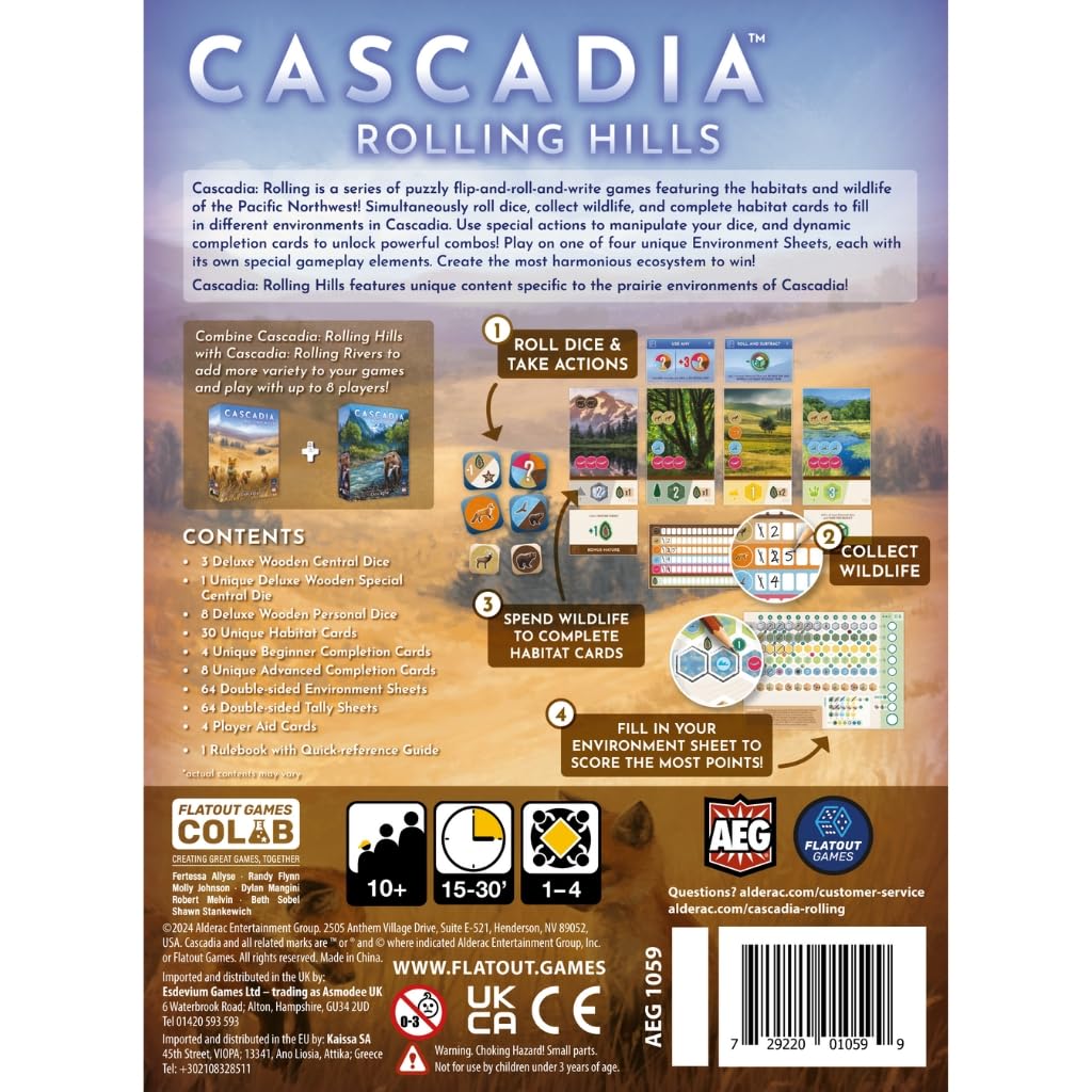 AEG Alderac Entertainment | Cascadia Rolling Hills Jeu de Société en Anglais pour Toute la Famille | Jeu de Stratégie avec Dés pour 1-4 Joueurs | La Faune du Nord-Ouest Pacifique