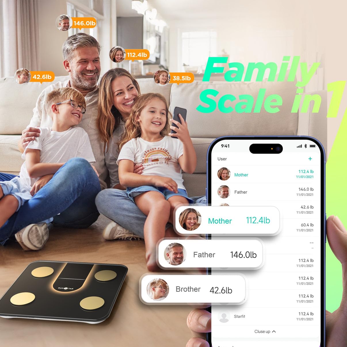 RunSTAR Báscula de Baño Inteligente con Pantalla VA 8 en 1, Báscula Digital de Baño de Alta Precisión para Peso Corporal, Frecuencia Cardíaca, IMC, Grasa Corporal 22 Métricas, APP de Sincronización