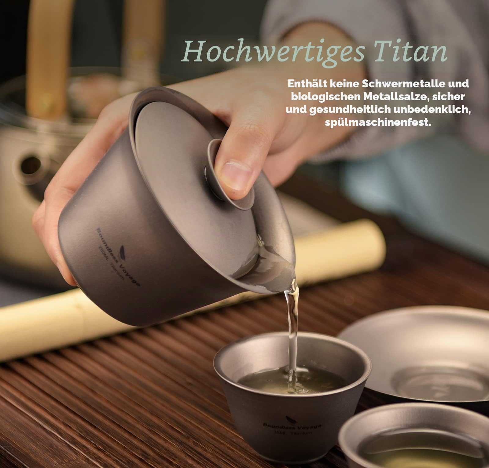 iBasingo 200ml Titan Gaiwan 3 35ml Kung Fu Teetasse & Untertasse mit Deckel Tragbares Reise Teeservice Chinesische Teeset Leichtes Outdoor Camping Doppelwandige Langlebige Teetassen Ti3124D