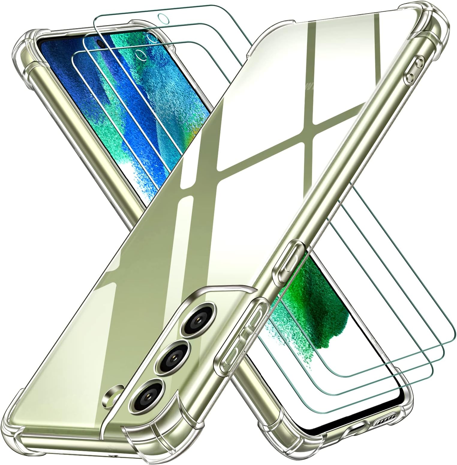 ivoler Case Compatible with Samsung Galaxy S21 FE 4G / 5G and 3 Pack Screen Protector Tempered Glass Transparent Soft TPU Silicone Bumper Airbag Case Anti-Scratch Shockproof Protective Cover Clear
