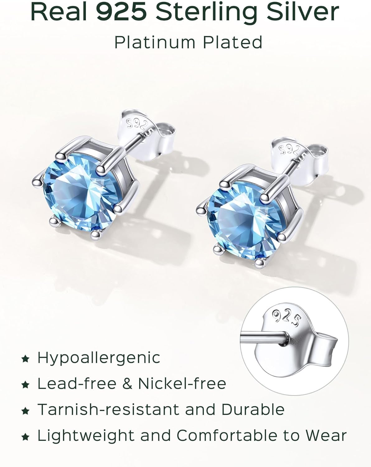 ChicSilver 925 Sterling Silver Birthstone Earrings for Women, 8MM/2 Carat Heart, Round & Princess Cut CZ Stud Earrings, Hypoallergenic Jewelry, Ideal Birthday or Christmas Gifts - Image 4