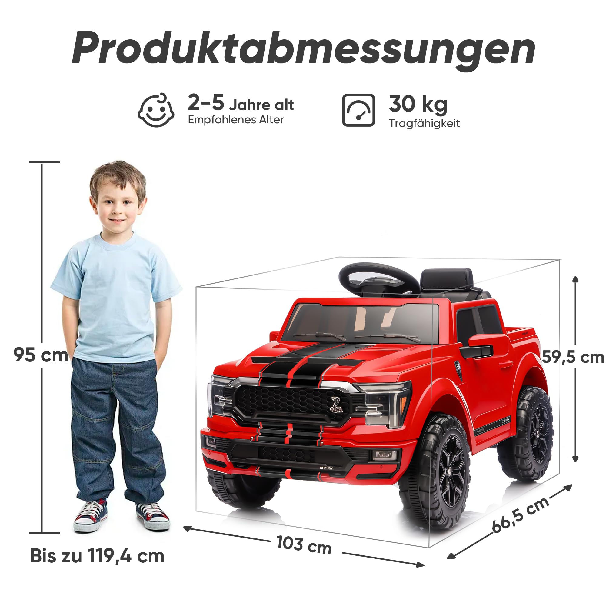 Hikiddo Ford Shelby F-150 Lizenziertes Kinder Elektroauto, 12V Elektroauto für Kinder ab 3 Jahre mit Fernbedienung - Rot