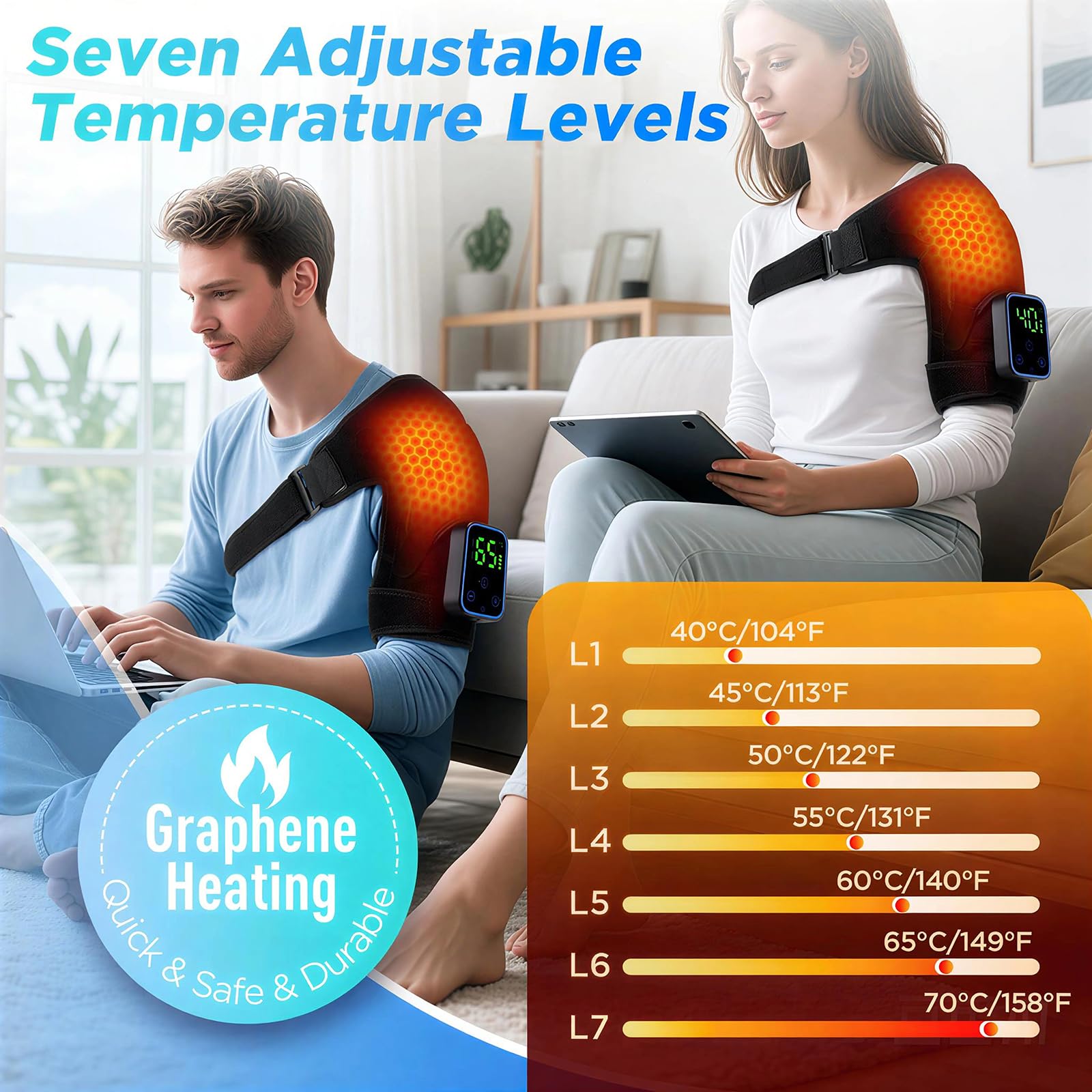 Masseur d'épaule triple méthode, 7 niveaux de température, 3 intensités de vibration, contrôle tactile, batterie 5000 mAh