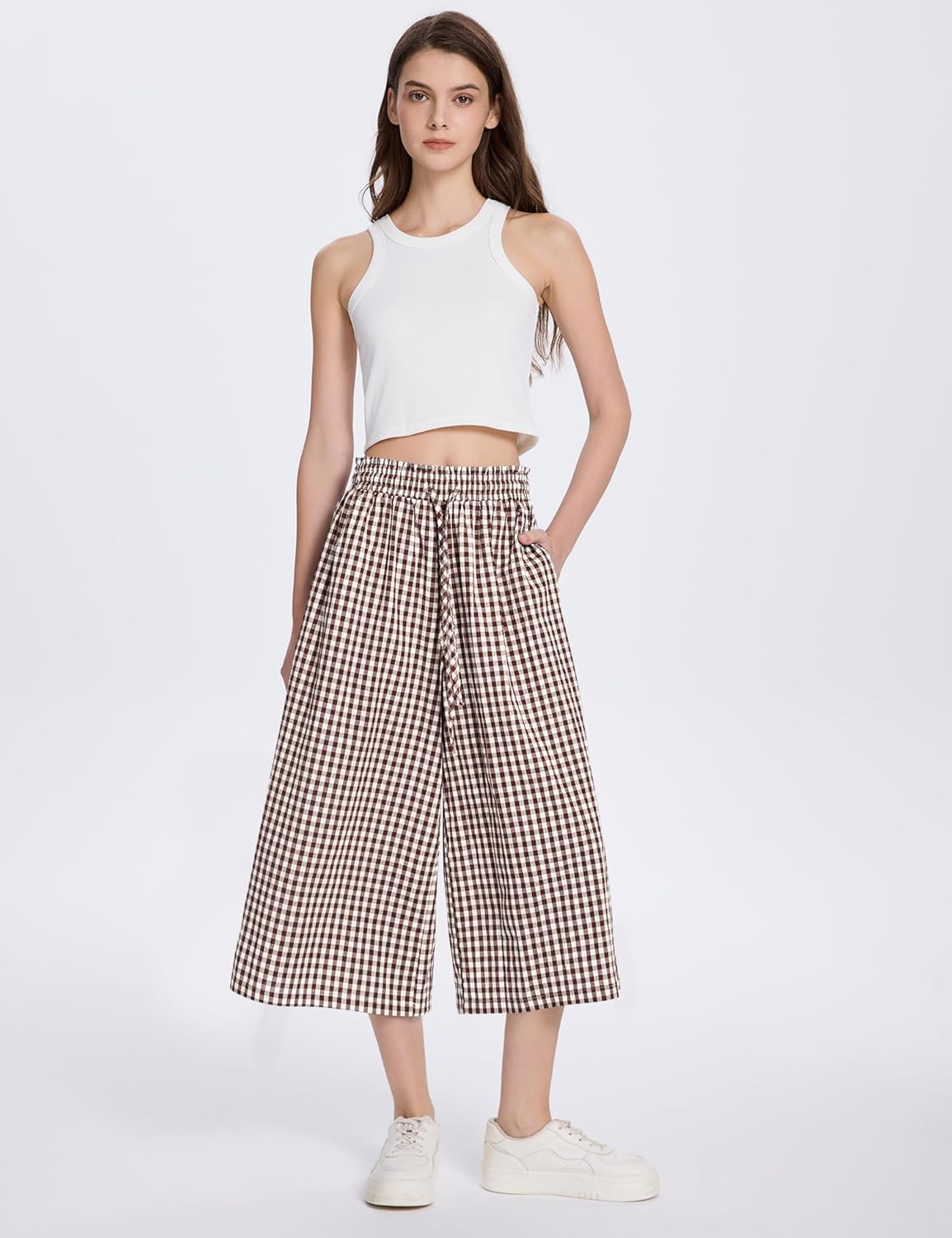 Rapbin Wide Leg Capri Pants for Women Gingham Striped Culottes Flowy Elastic Waist Cropped Palazzo Pants with Pockets - Image 4