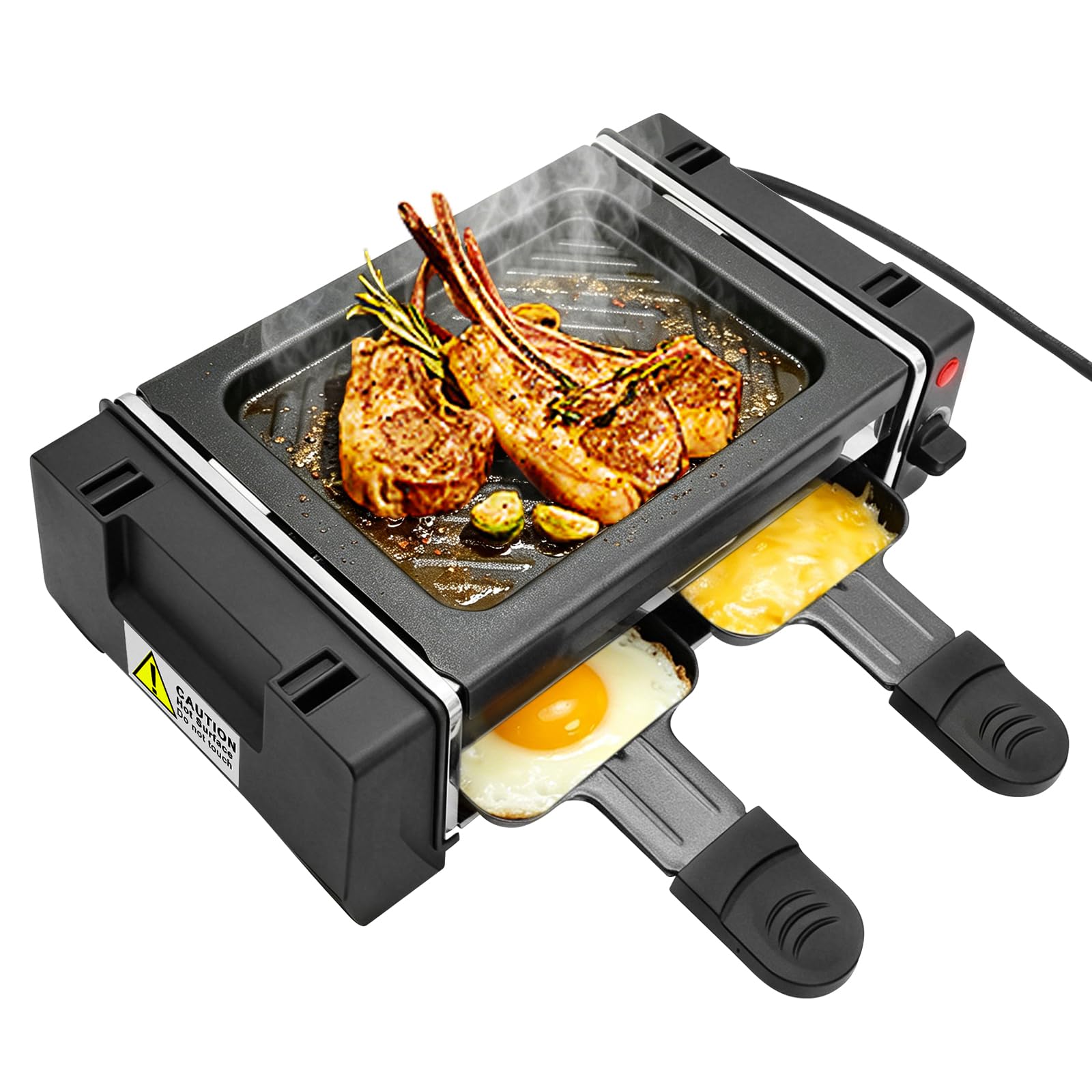 Griglia elettrica per raclette con 2 padelle, antiaderente, con riscaldamento uniforme e regolatore di temperatura, per uso alimentare, facile da pulire, per interni e balconi