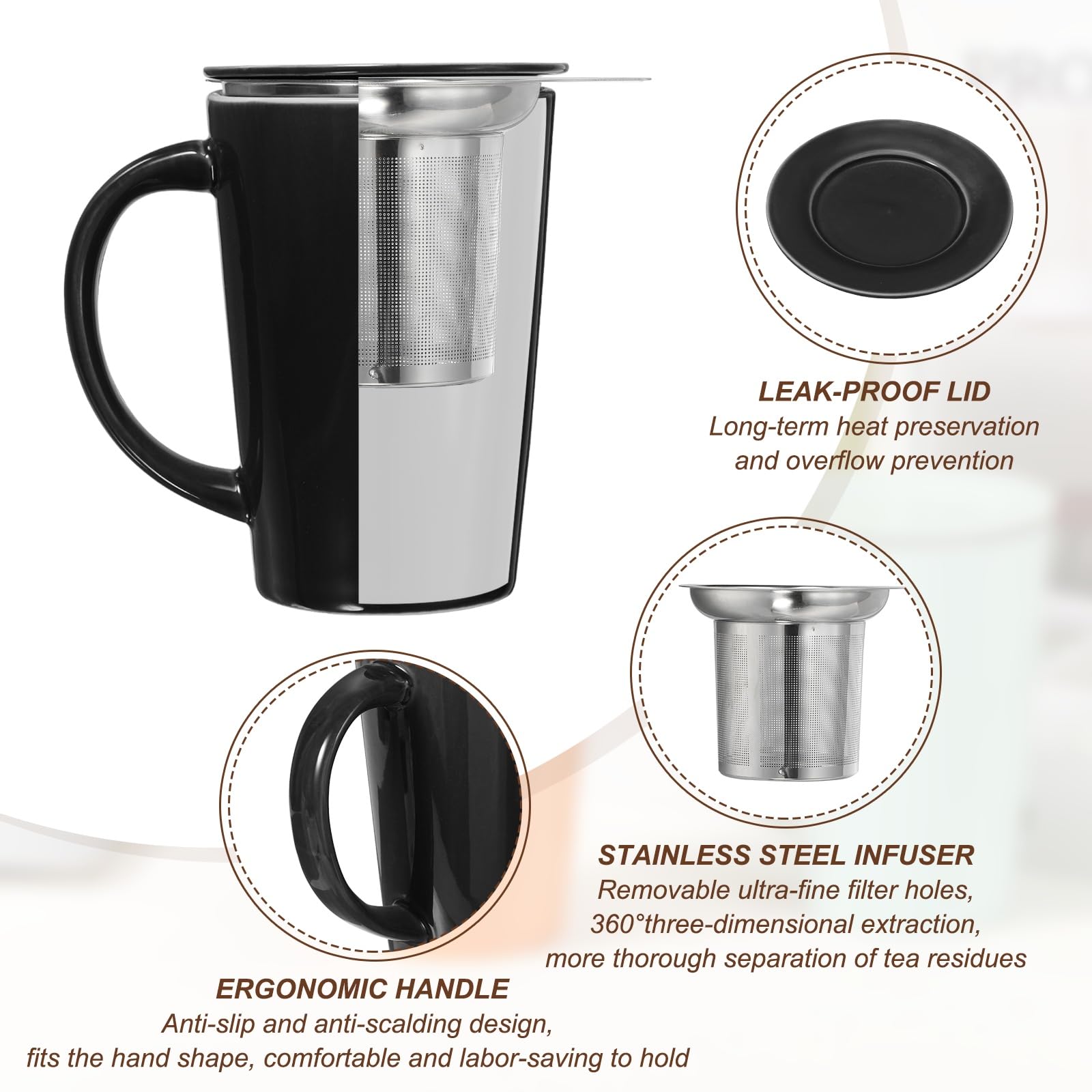 QUARKZMAN 16.2 Oz Tazza Da Tè In Porcellana Con Infusore E Coperchio Nero