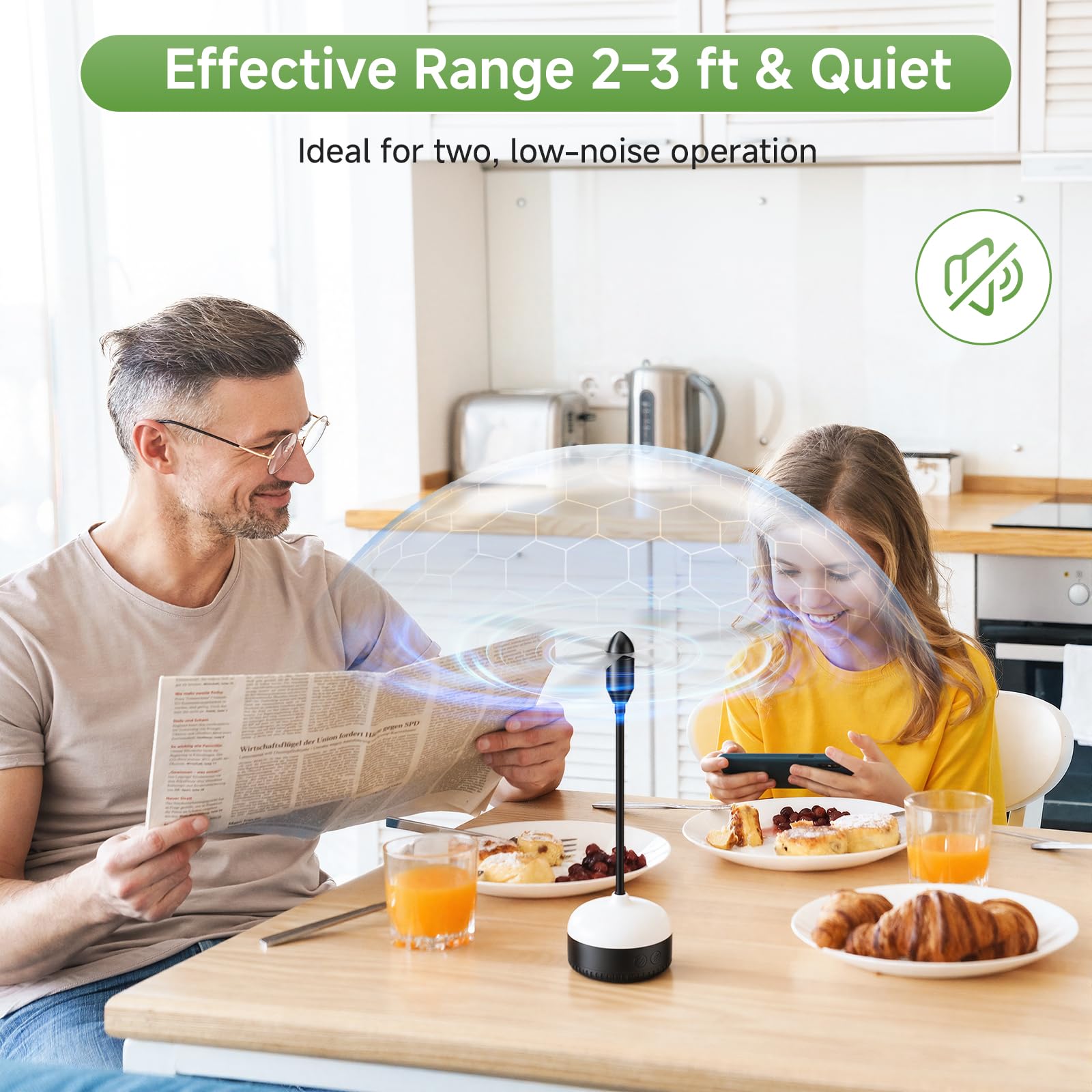 PKBD 2 Pezzi Scacciamosche da Tavolo con LED Bianco Caldo e Pale Morbide | Ventilatore Anti Mosche da Interno Portatile a Batteria, Ideale per Cucina, Terrazza, Campeggio, Nero