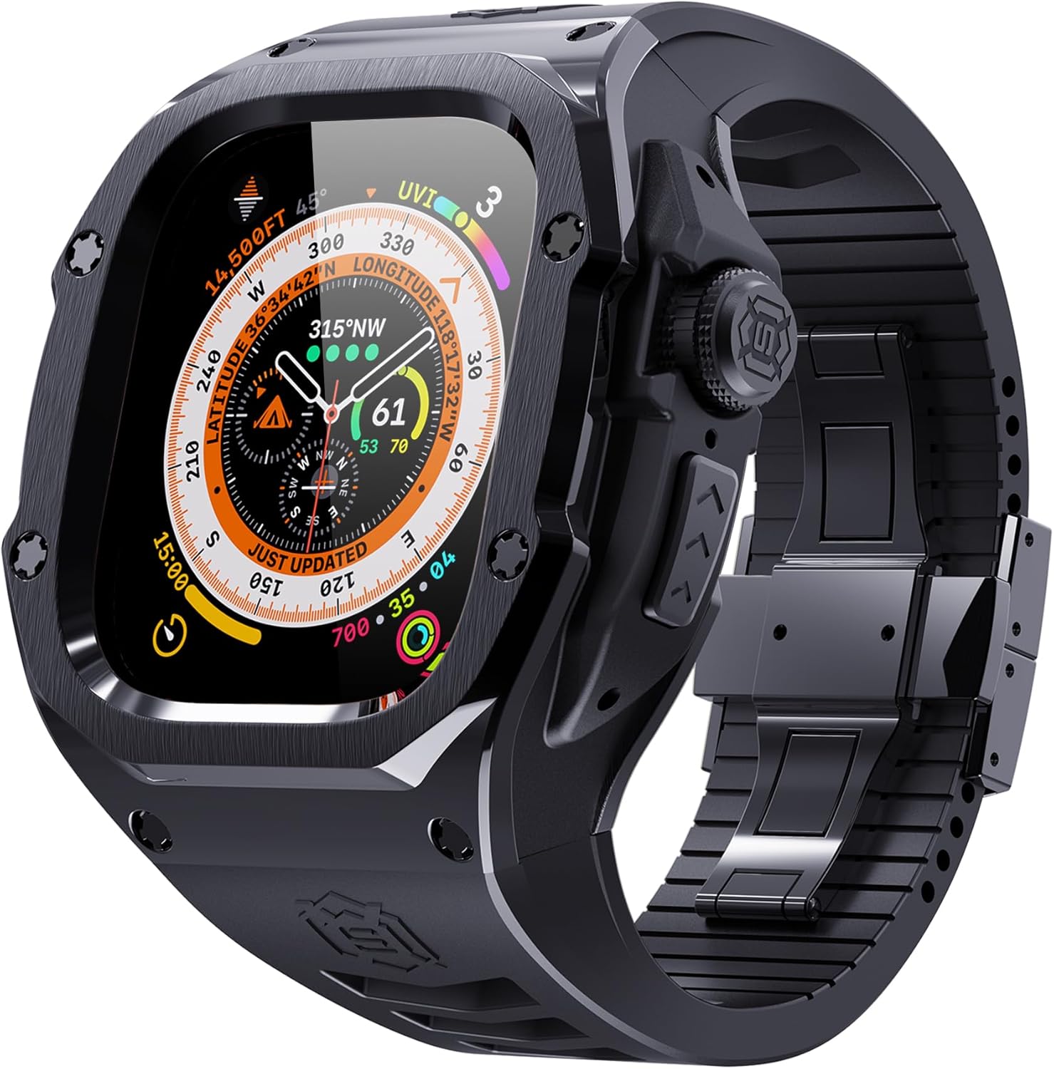 VeveXiao Rugged Case with Band Compatible with Apple Watch Ultra 2 Bands 49mm, Metal Protective Cover Case with Replacement Fluorine Rubber Strap for iWatch Ultra 49mm Mens Strap