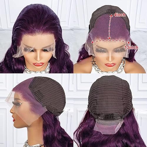 Miniatura 5 de Pelucas de cabello humano ondulado con encaje frontal de 13 x 4, 150 % de densidad, color morado ahumado profundo, pelucas onduladas para mujeres,