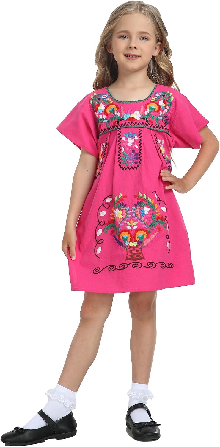 YZXDORWJ Girl Mexican Embroidered Dress Traditional Floral Short Sleeve