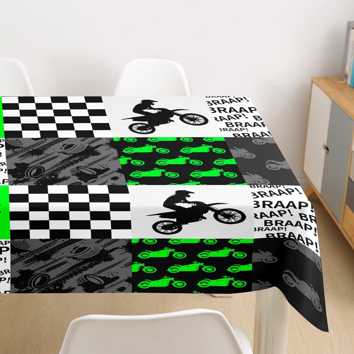 Homewish Motorcross Rider Boys Tablecloths Racing Dirt Bike Table Cloth Neon Green Black Grey Patchwork Grid Table Accessories for Kids Men Teens Kitchen Decor Fashion Gaming Table Cover,55"×55" image 2