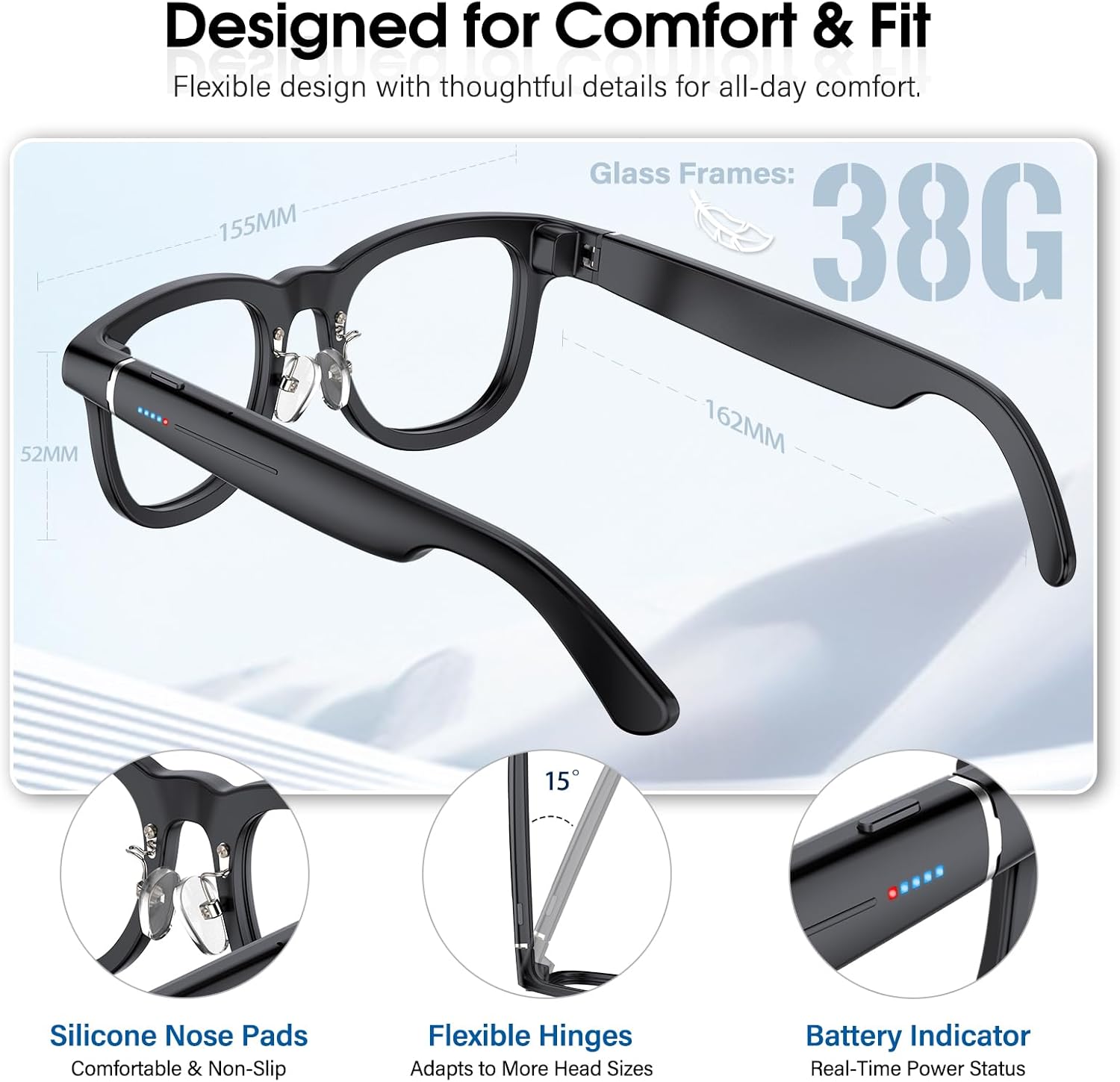 Coucur G1 AI Smart Glasses with Charging Case, 8MP HD Camera Glasses for Men Women, 1200P Video Recording, Open-Ear Bluetooth Glasses for Audio with Translation/AI Voice Control