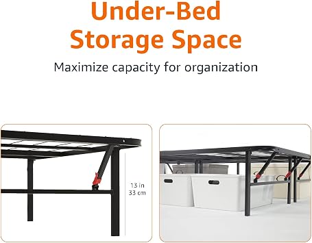 Amazon Basics Single Foldable Platform Bed Frame with Steel Slats, Tool-Free Assembly, Under-Bed Storage, 90 x 190 X 35.5 cm, Black