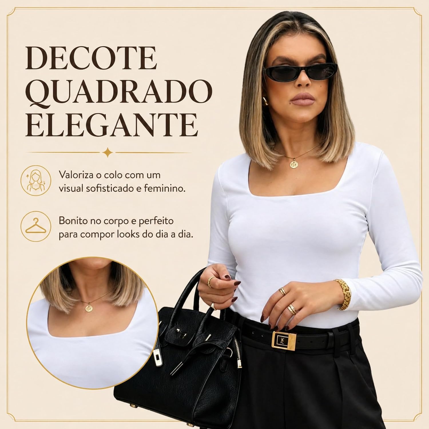 Blusa Feminina Manga Longa Decote Quadrado Casual Básica