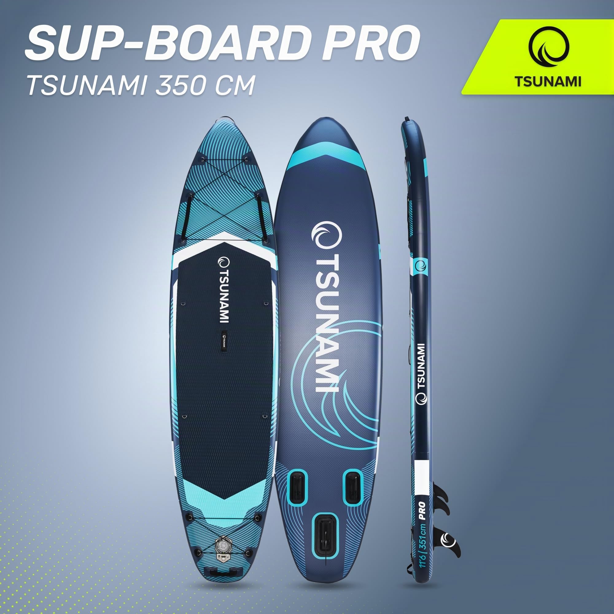 TSUNAMI Stand Up Paddling Board PRO, SUP-Board mit Komplettes Zubehör, Pumpe und Sicherheitsleine, Tragkraft bis 160kg, Länge 350cm, Doppeltes Material und zusätzliche interne Verstärkungen