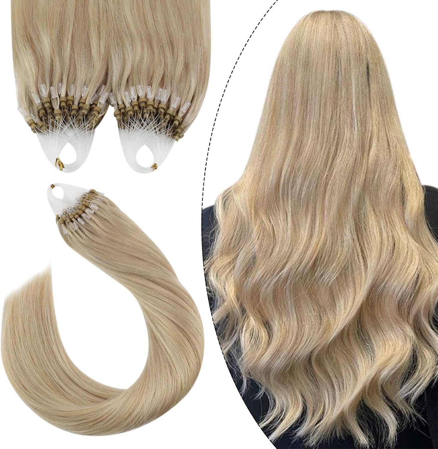 Ugeat Blonde Micro Ring Hair Extensions Ash Blonde Highlight Micro Loop Hair Extensions Real Human Hair 14 Inch Highlights Bleach Blonde 50G/50S #18/613