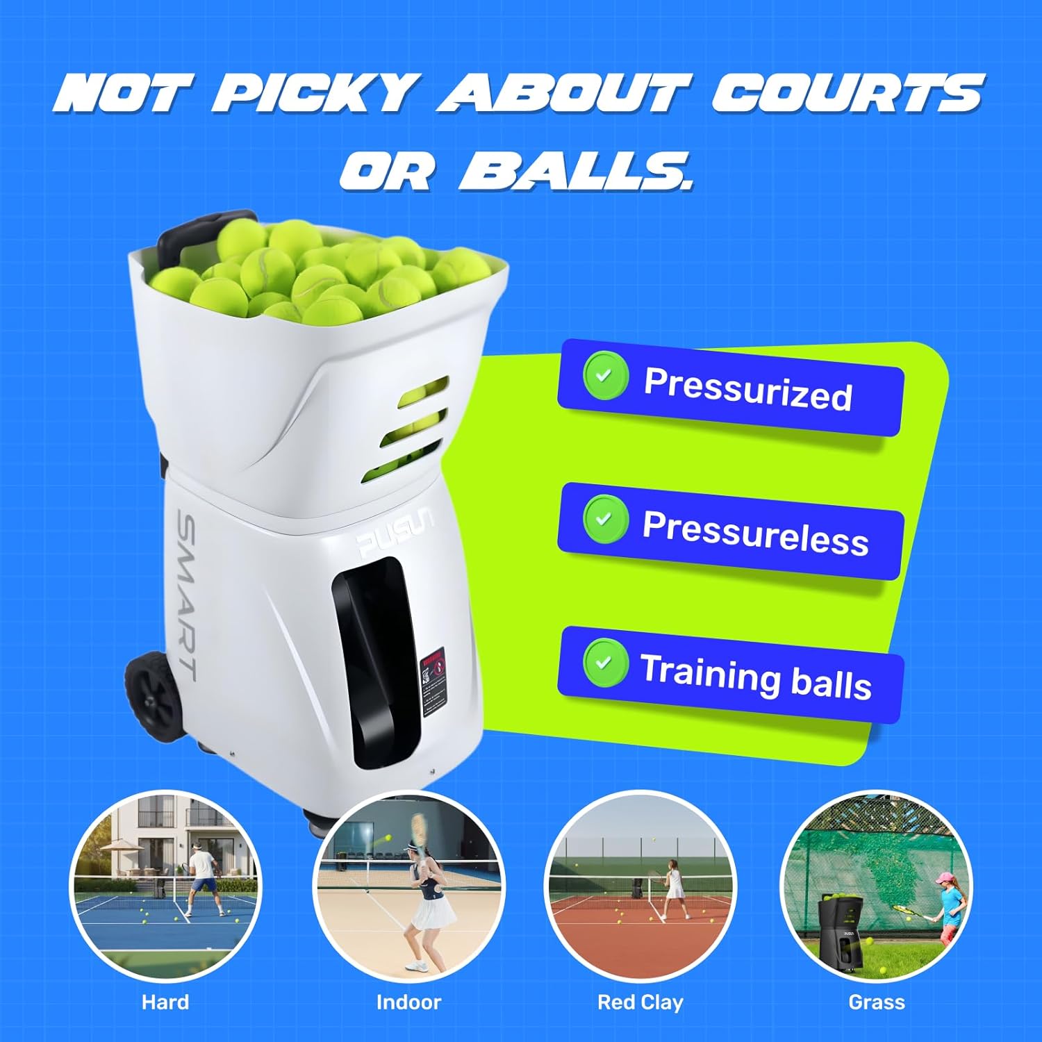 PUSUN｜PT-Smart Tennis Ball Machine: App Control with 12 Built-in Training Modes,6-Level Spin,28-Pt,75 MPH,32.6 lbs,100+ Ball,5H Battery, Portable, for Tennis/Padel,Training, Practice,Beginners to Pros