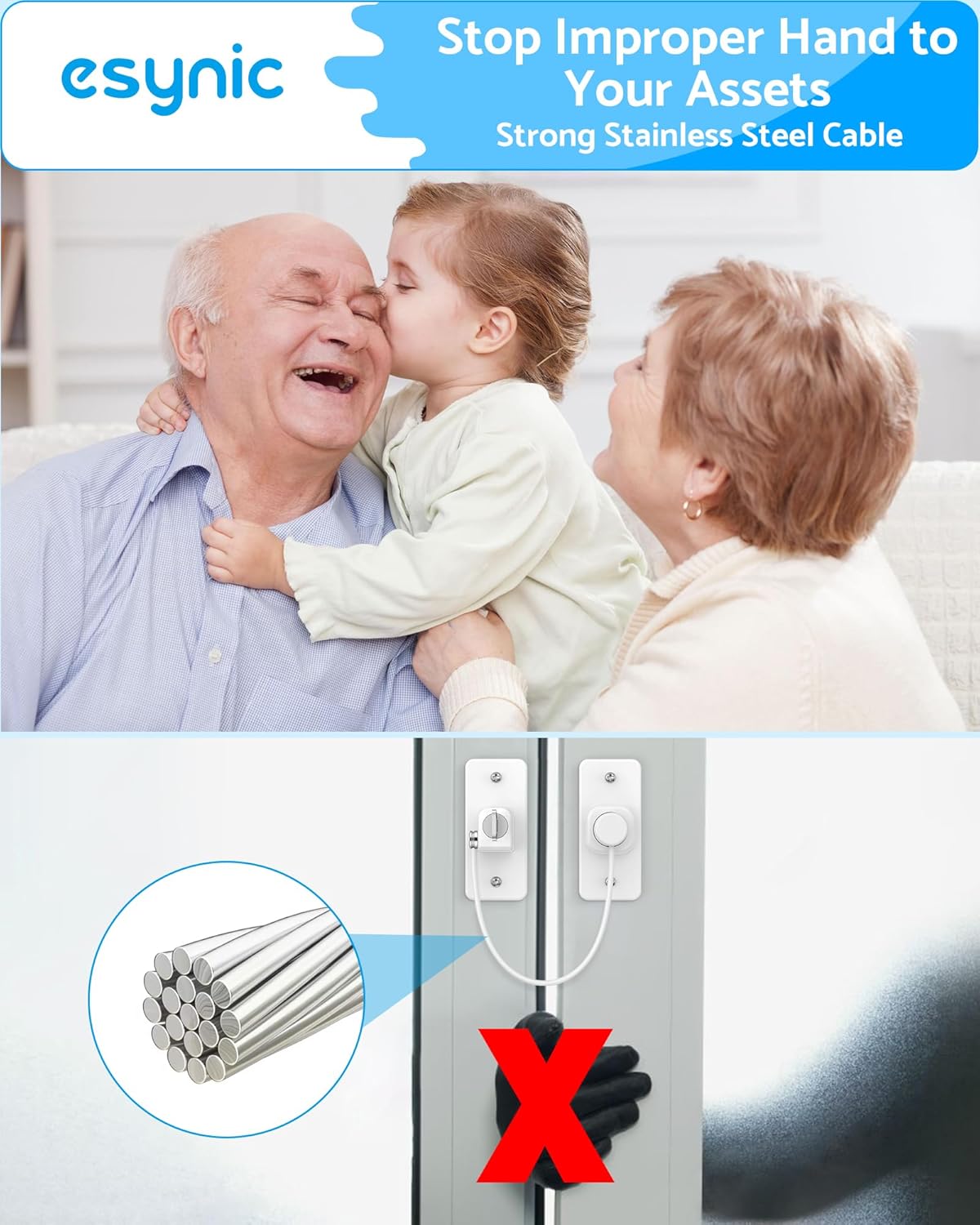 eSynic Durable Window Safety Locks 8-Pack - Child & Pet Proof Cable Window Restrictors with Key Options- No Drill Adhesive & Screw 2 Way Installation for UPVC/Wood/Metal Windows & Doors