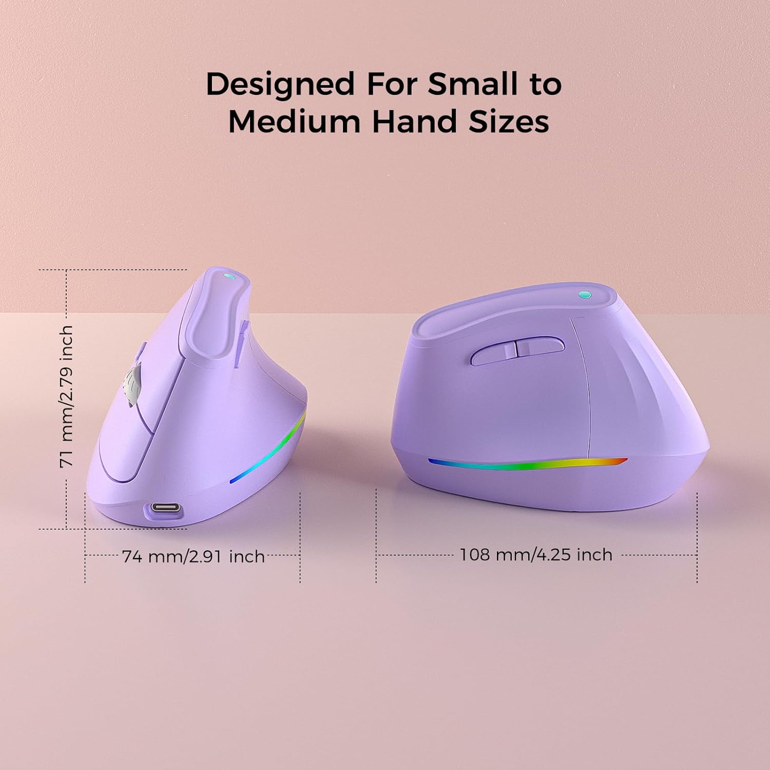 KYSONA 57° Wireless Ergonomic Mouse, Vertical Mouse, Carpal Tunnel Mouse, RGB Light, Rechargeable, Bluetooth & 2.4G, 5-level DPI Adjustment, Quiet Click Ergo Mice Compatible with PC/Laptop/Mac, Purple
